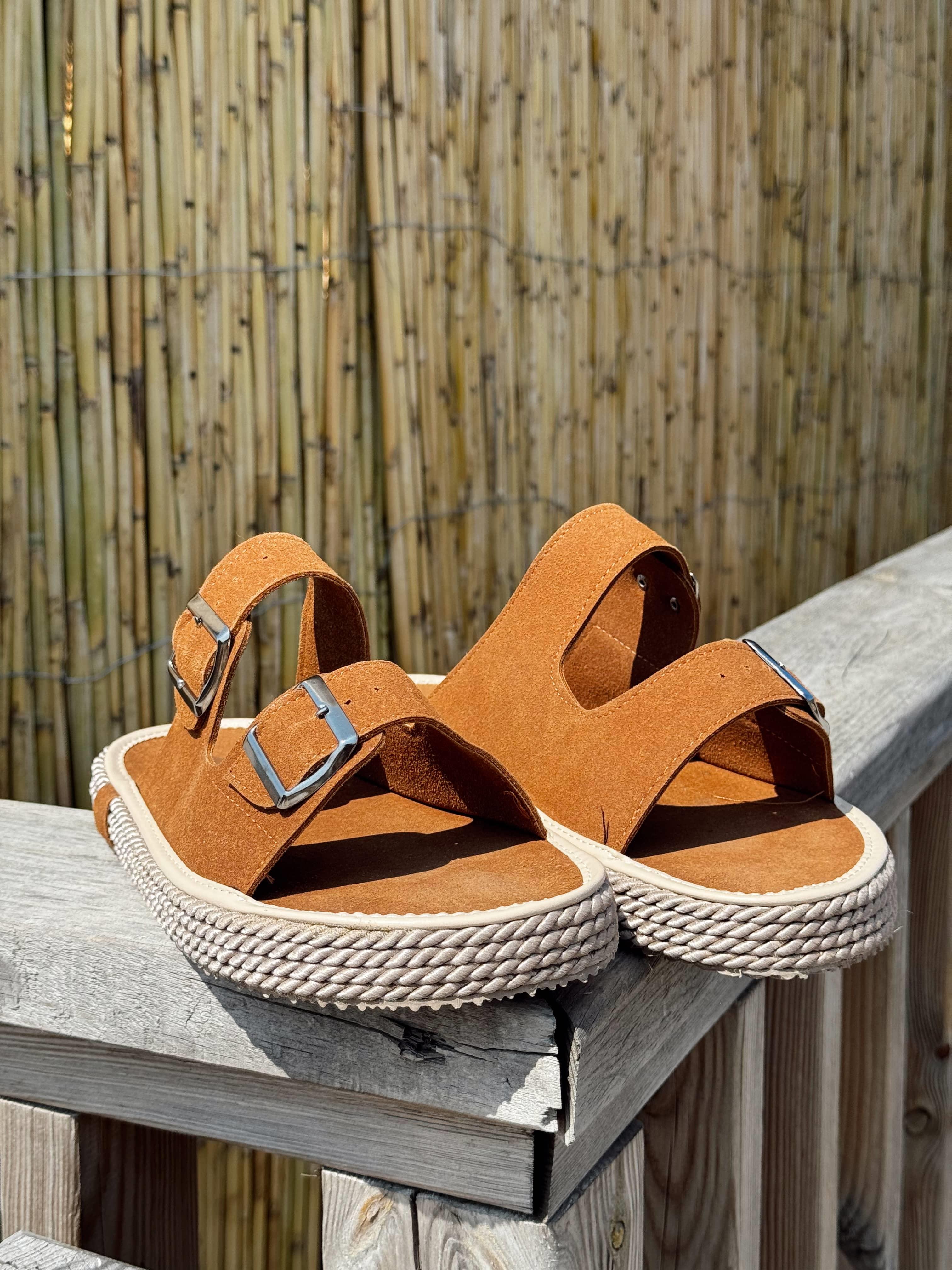 Erkek Premium Kalite Süet Deri Double Strap Leather Sandalet-Taba(E1358)Ketench
