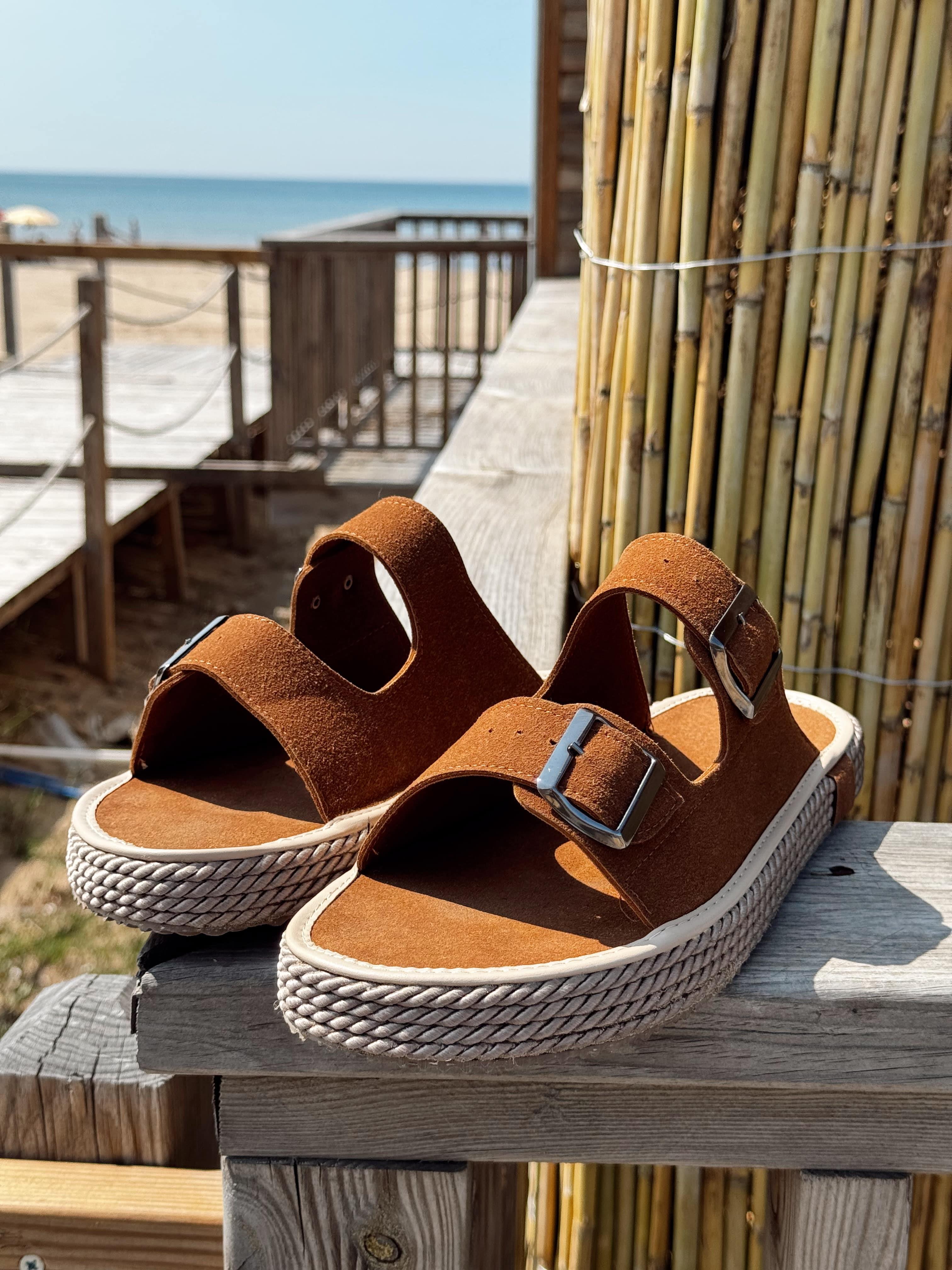 Erkek Premium Kalite Süet Deri Double Strap Leather Sandalet-Taba(E1358)Ketench