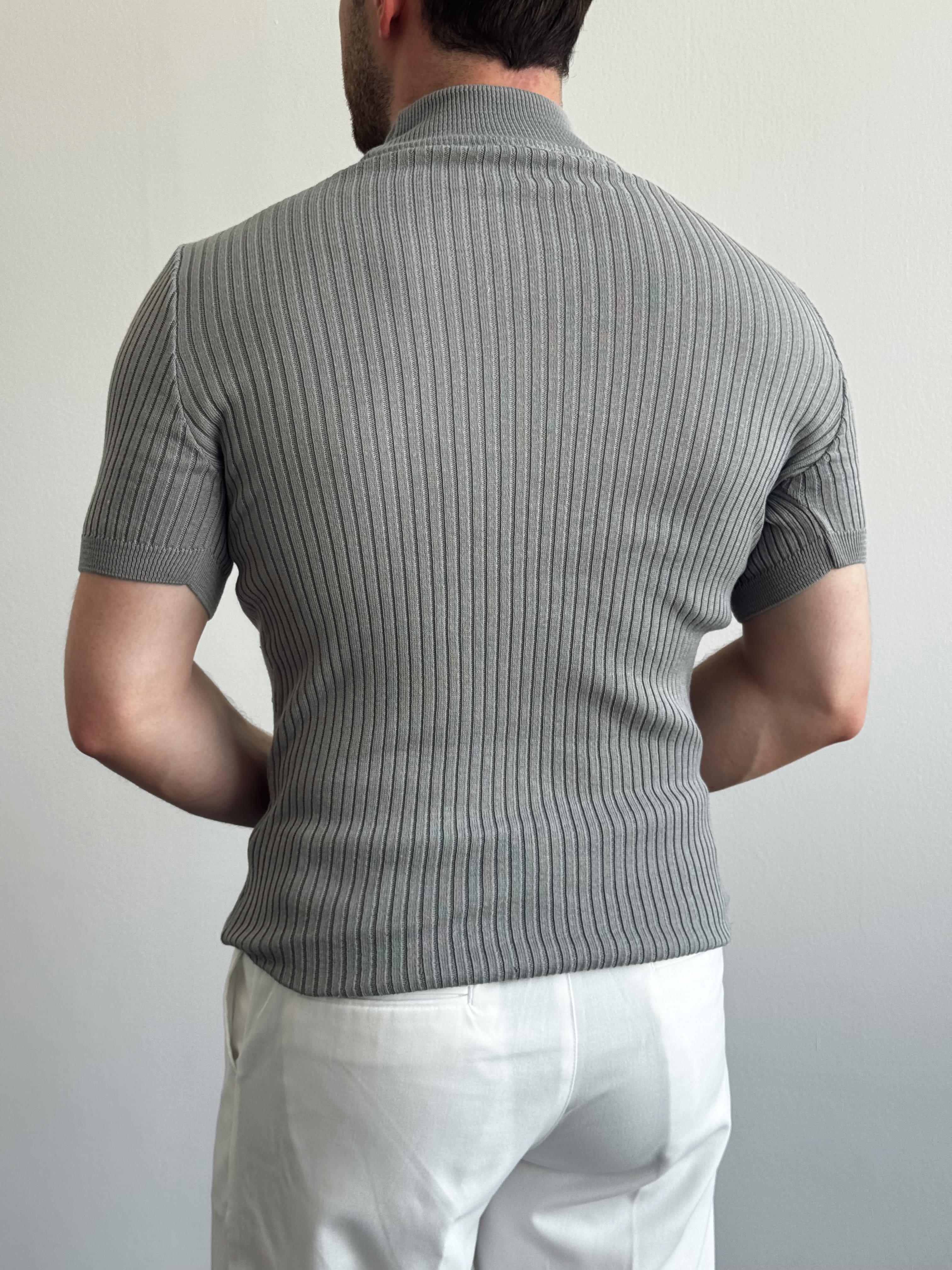 Erkek Premium Kalite Yaka Detay Slim Fit Triko T-Shirt-Gri(E1426)Ketench