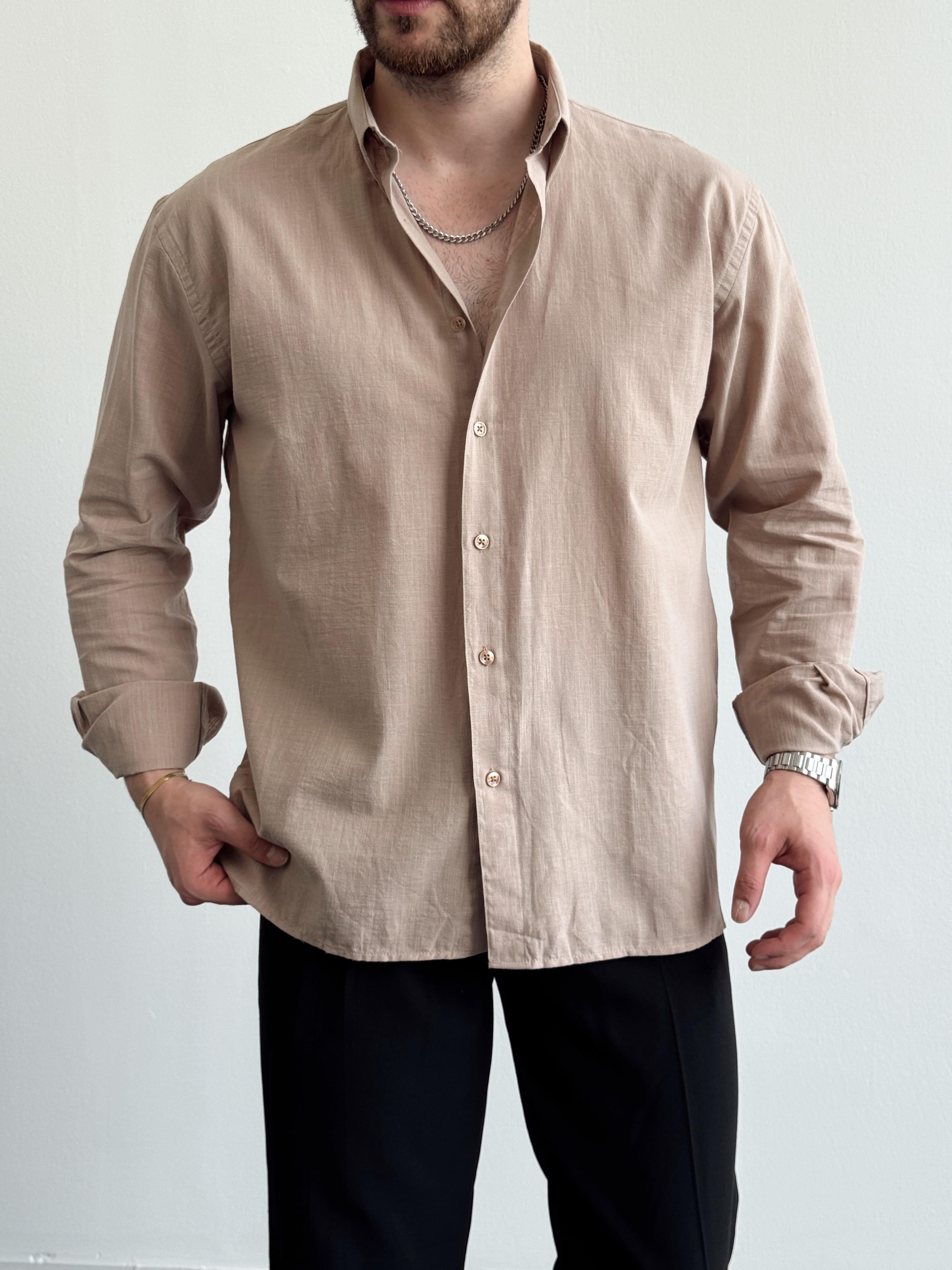 Erkek Premium Model Oversize Kalıp %100 Pamuk Oxford Gömlek-Bej(E1441)Ketench