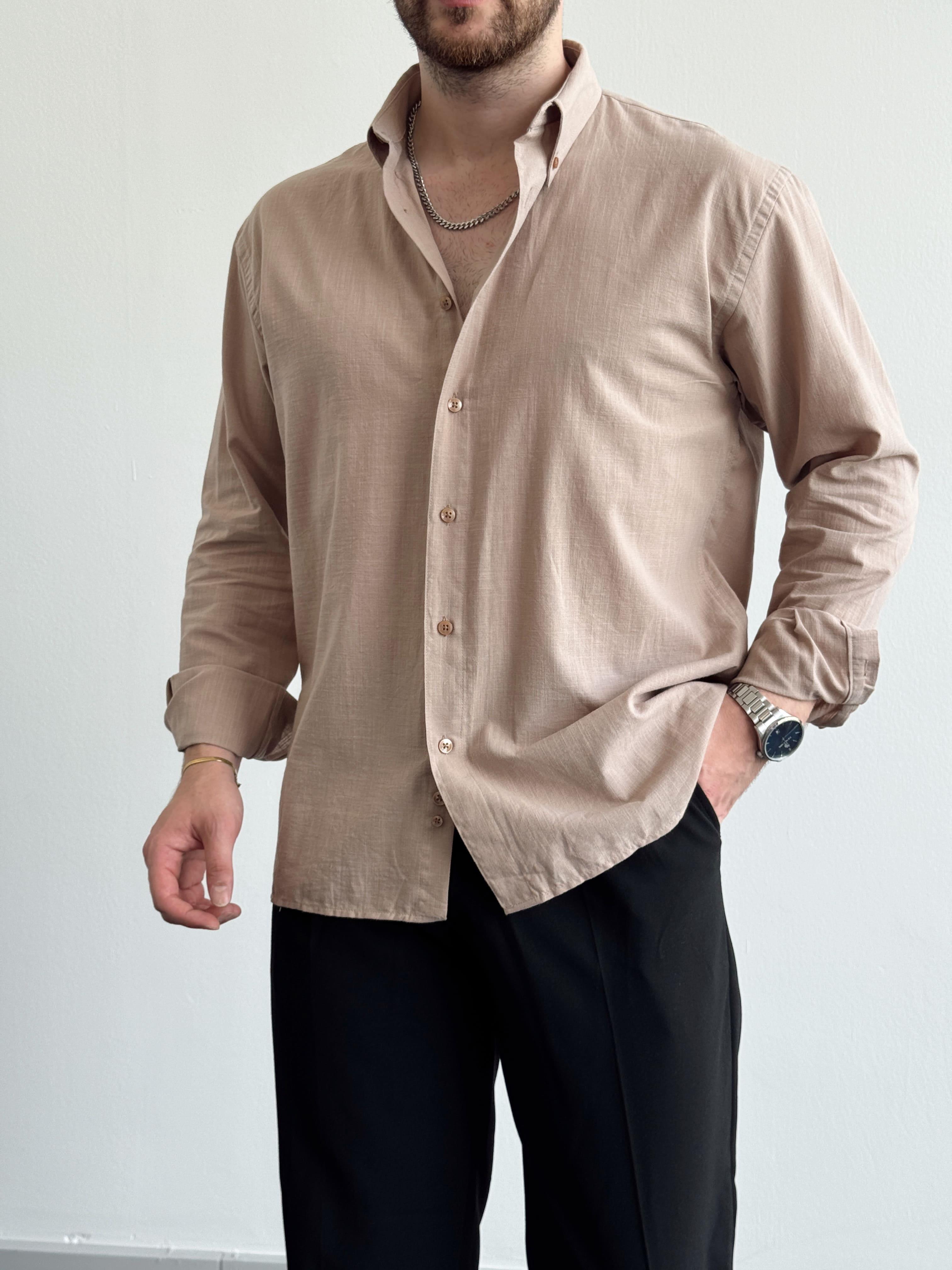 Erkek Premium Model Oversize Kalıp %100 Pamuk Oxford Gömlek-Bej(E1441)Ketench