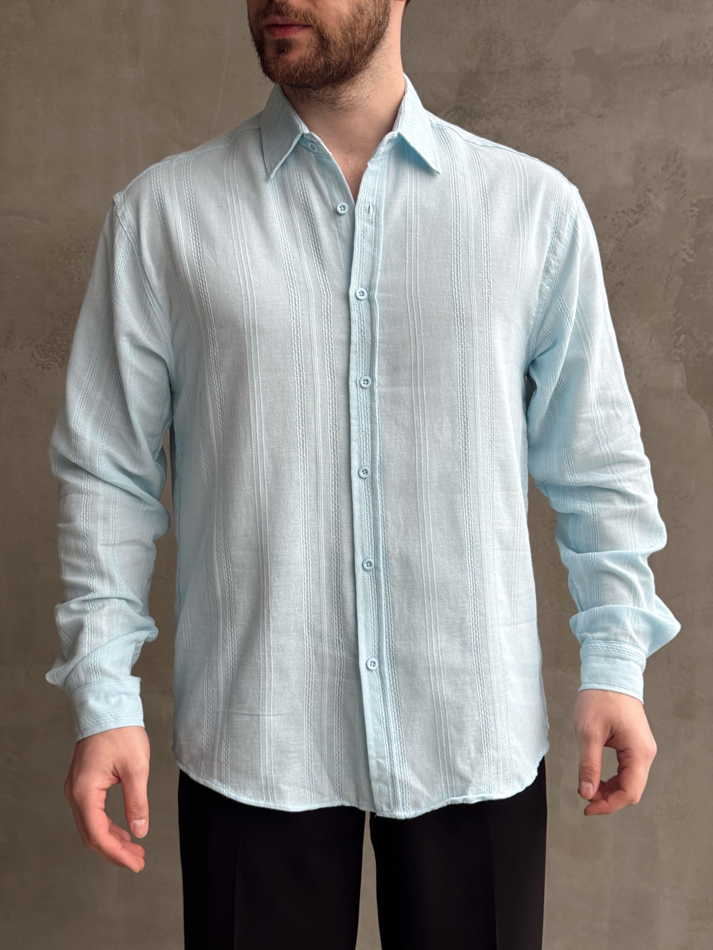 Erkek Premium Model Oversize Kalıp Halat Desenli Keten Gömlek-Bebe Mavi(E1663)Ketench