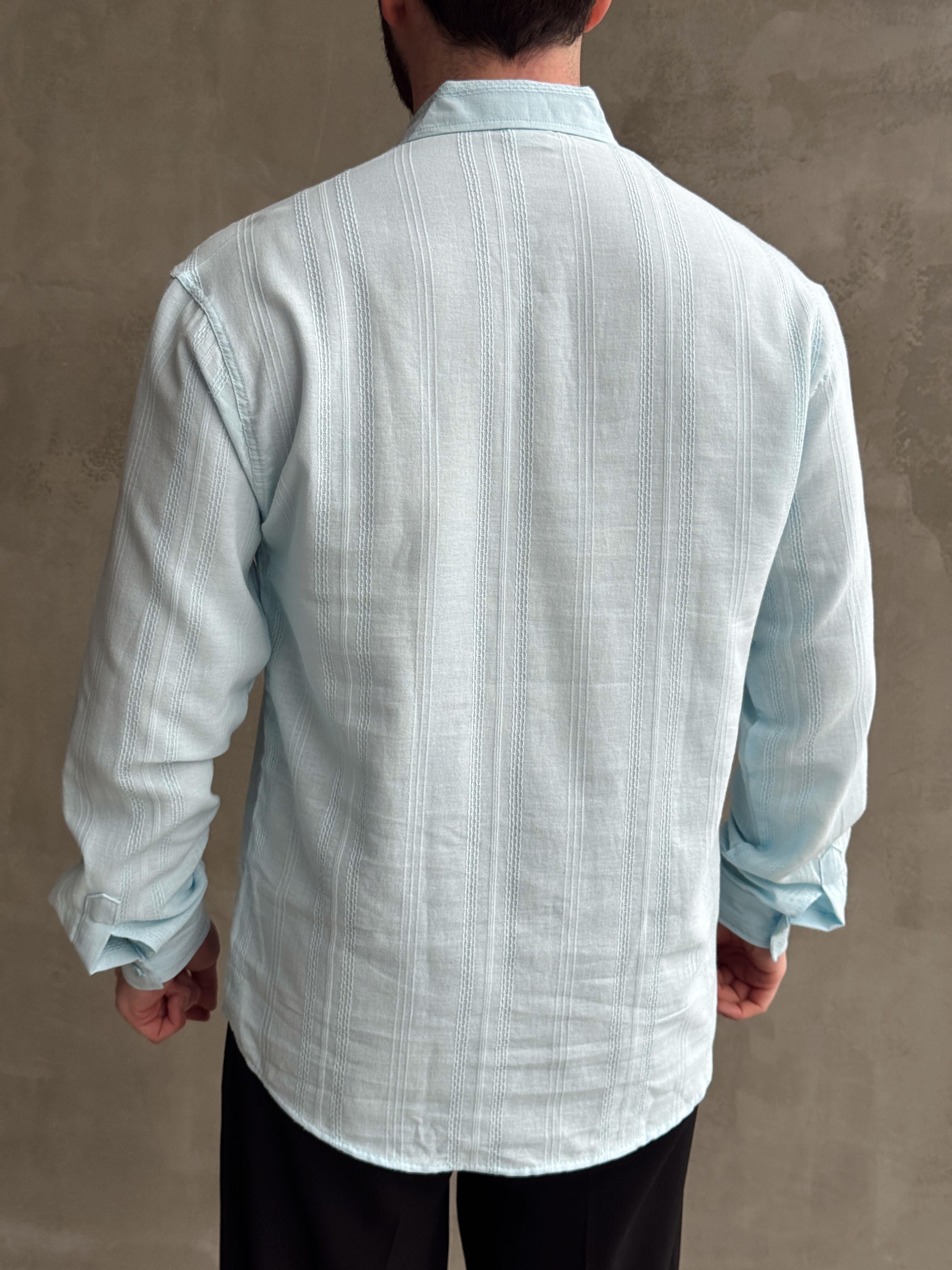 Erkek Premium Model Oversize Kalıp Halat Desenli Keten Gömlek-Bebe Mavi(E1663)Ketench