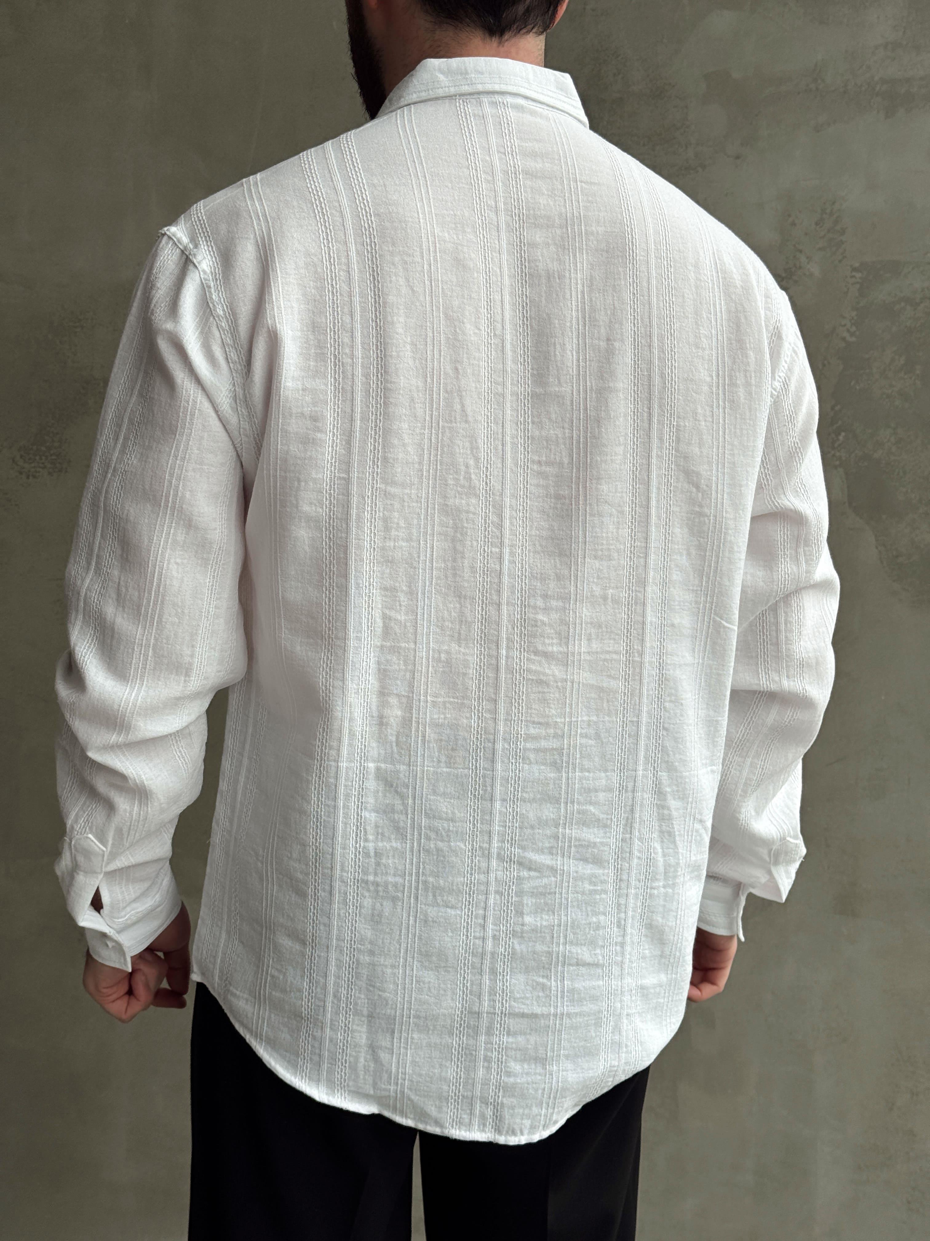 Erkek Premium Model Oversize Kalıp Halat Desenli Keten Gömlek-Beyaz(E1663)Ketench