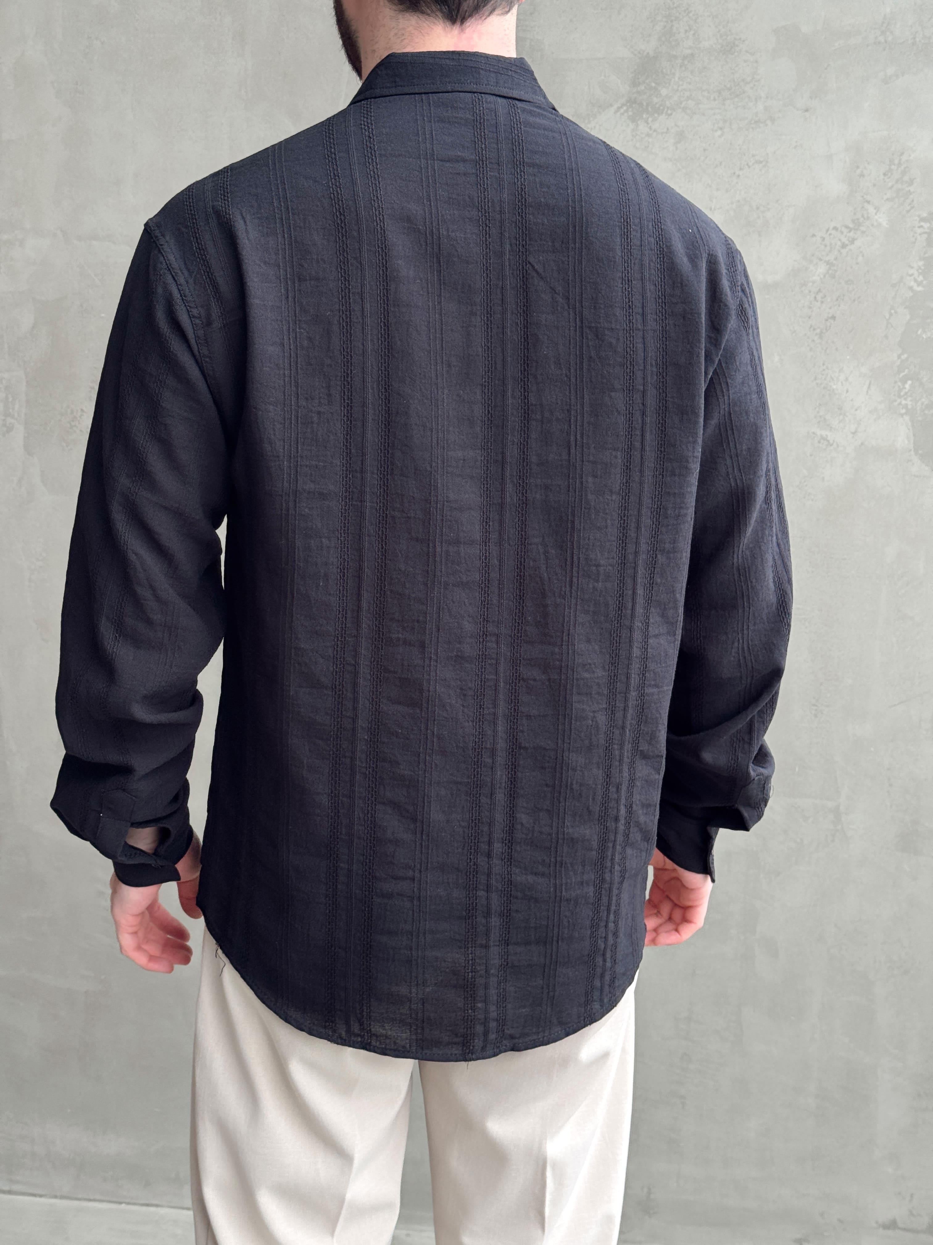 Erkek Premium Model Oversize Kalıp Halat Desenli Keten Gömlek-Siyah(E1663)Ketench