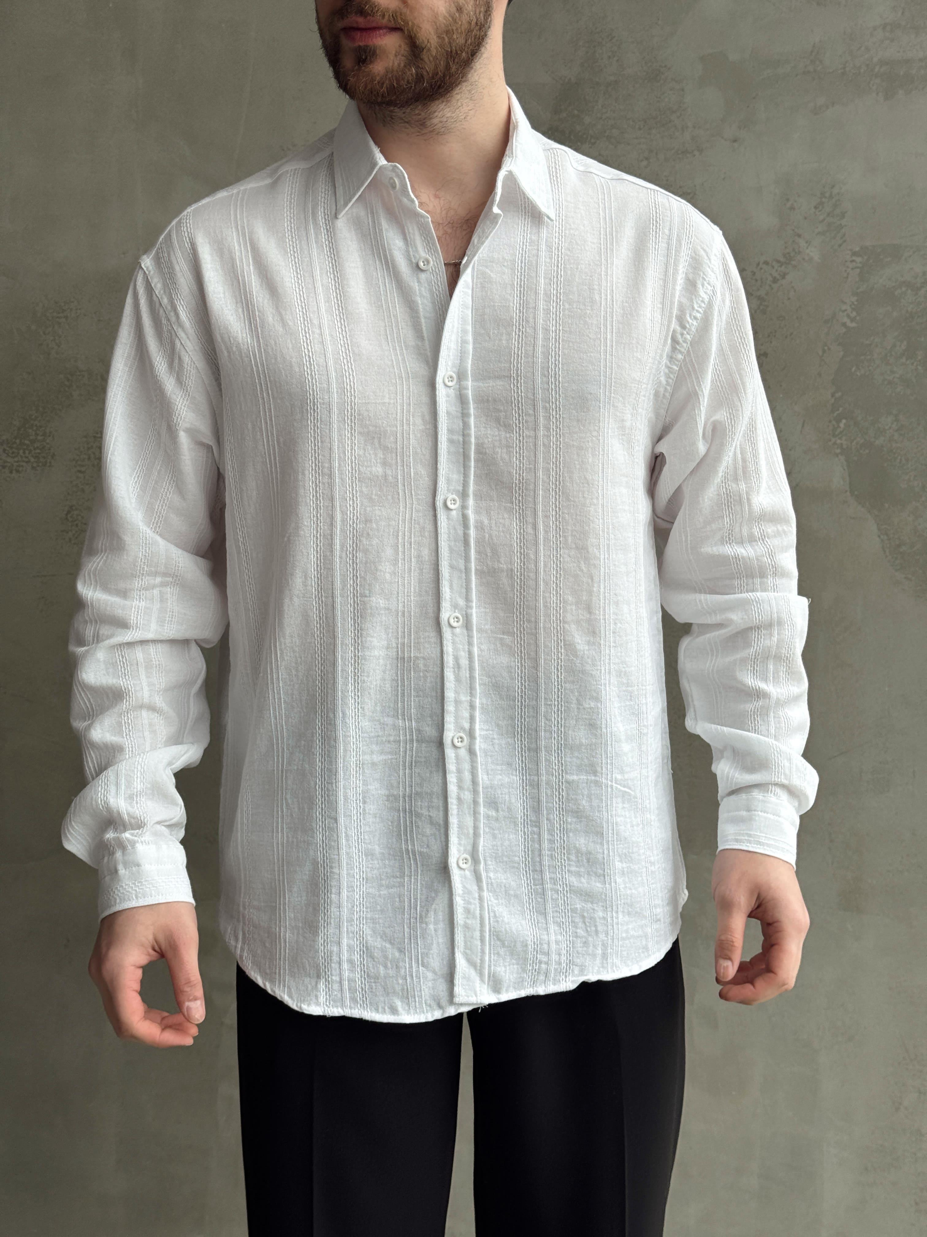 Erkek Premium Model Oversize Kalıp Halat Desenli Keten Gömlek-Beyaz(E1663)Ketench
