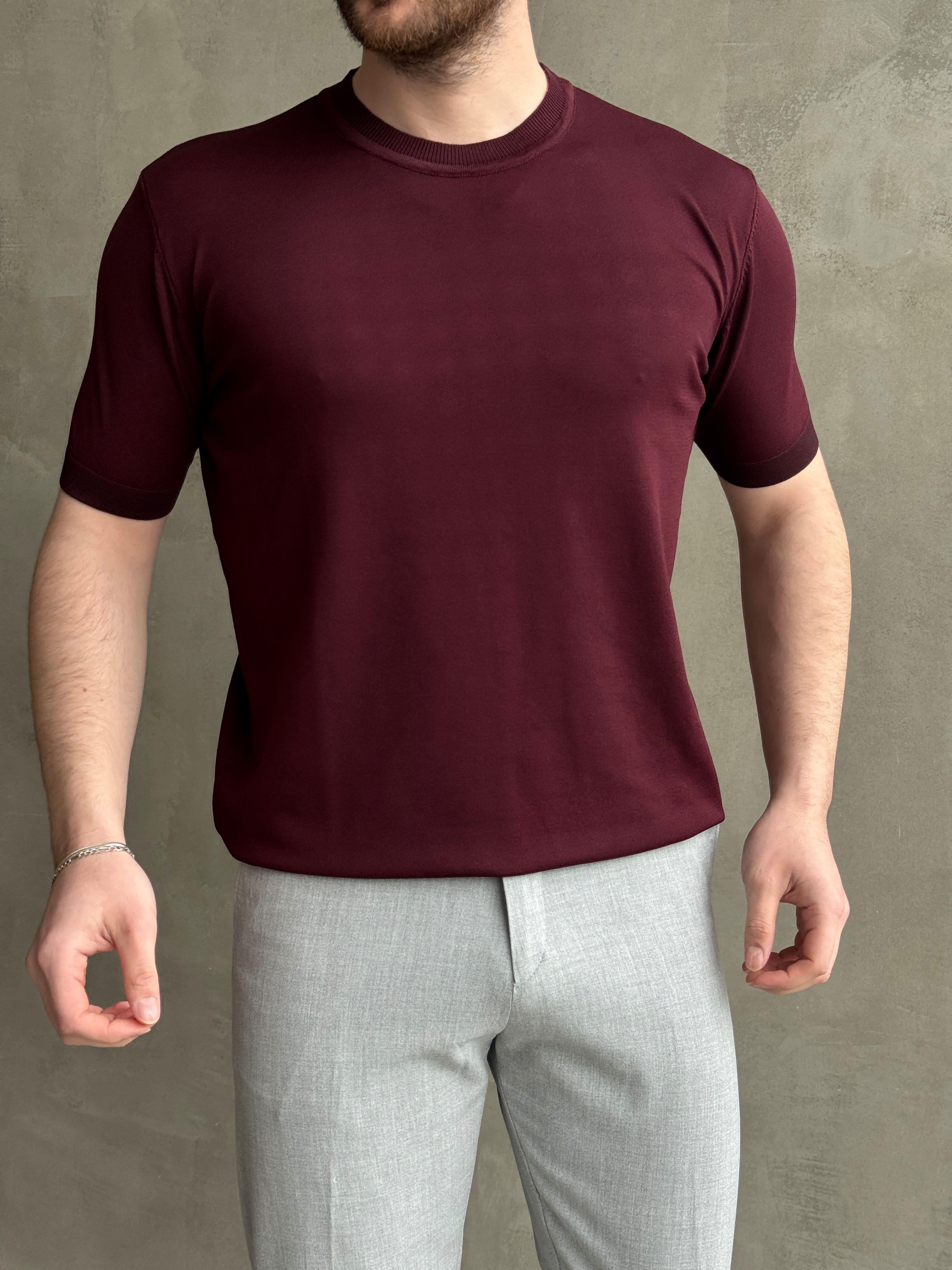 Erkek Premium Model Regular Kalıp Bisiklet Yaka Ribana Detay Triko T-Shirt-Bordo(E1690)Ketench