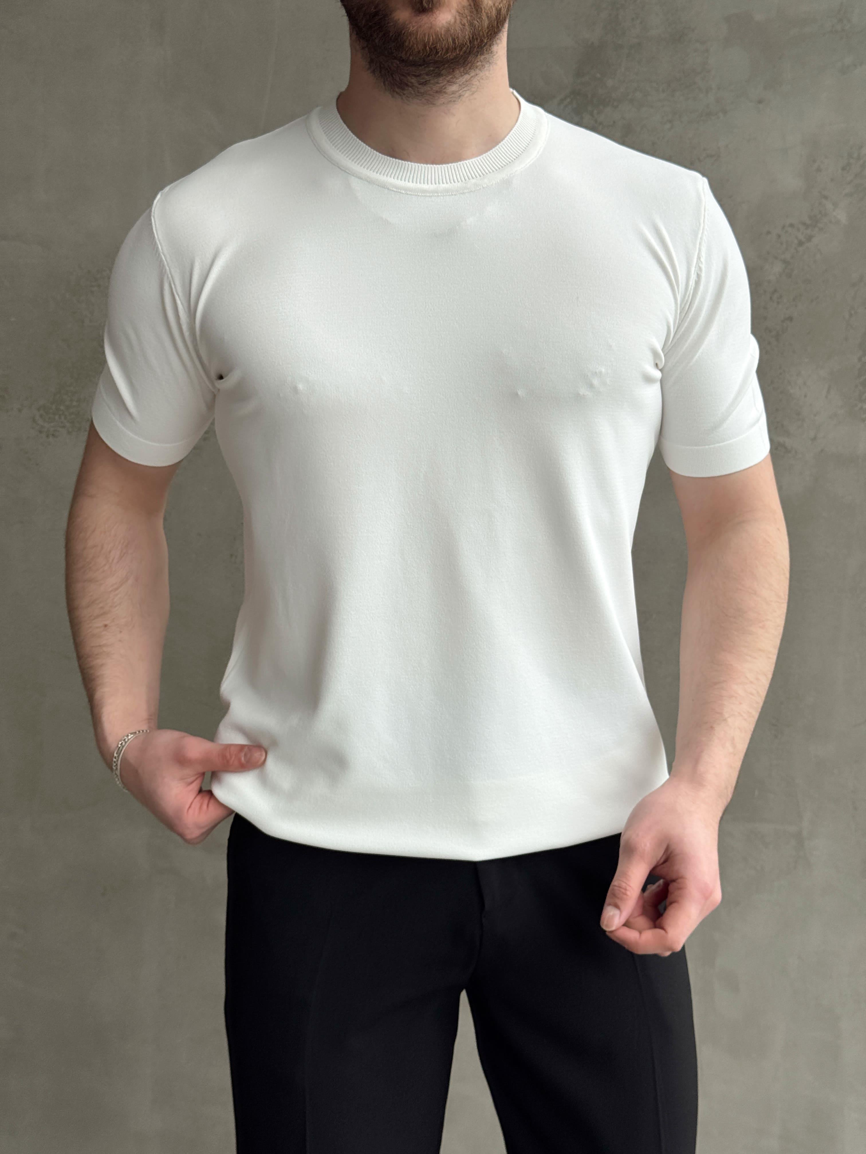 Erkek Premium Model Regular Kalıp Bisiklet Yaka Ribana Detay Triko T-Shirt-Beyaz(E1690)Ketench