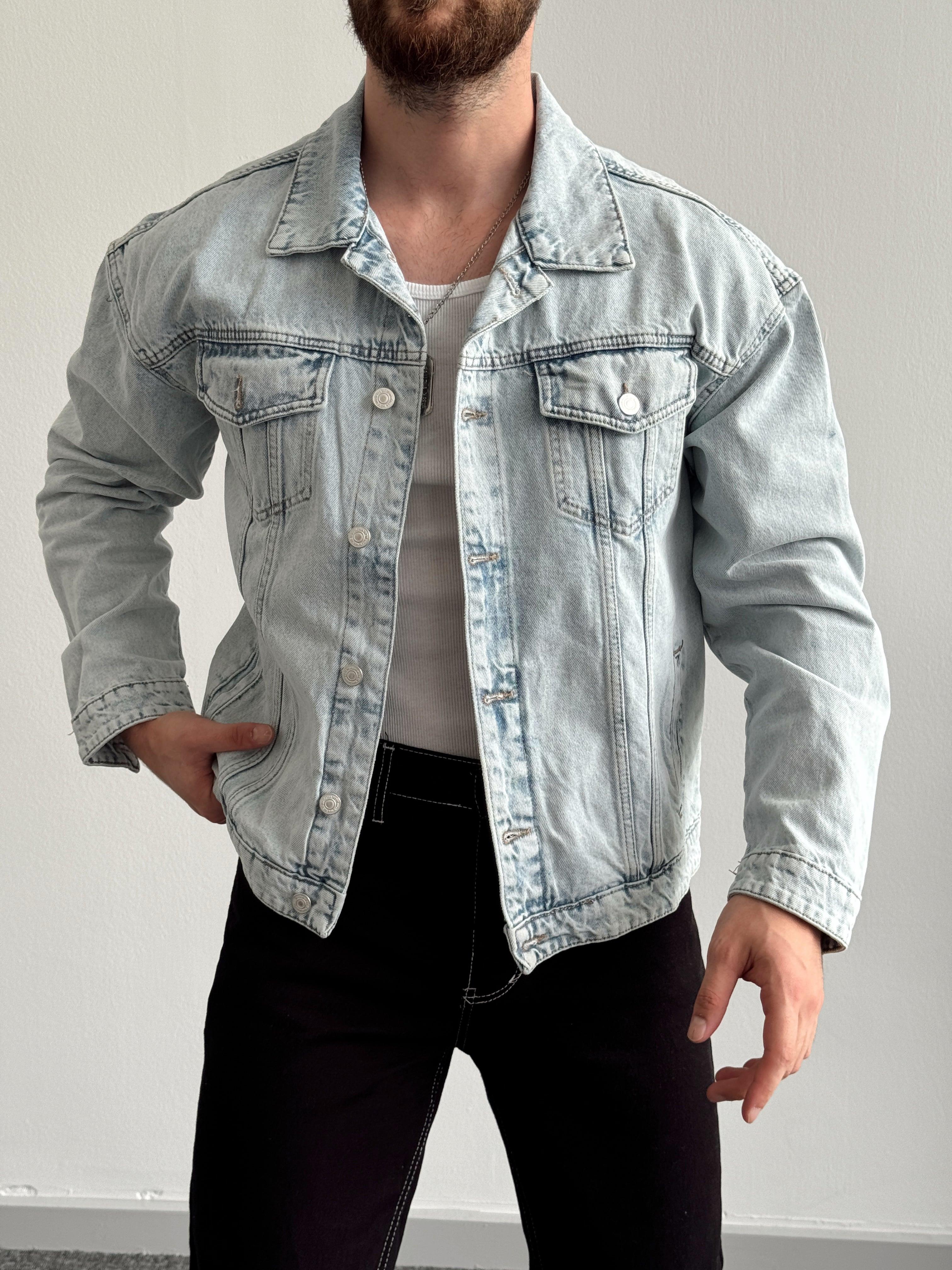 Erkek Premium Overize Never Break Sırt Baskılı Kot Denim Ceket-Kar Yıkama(E1119)Ketench