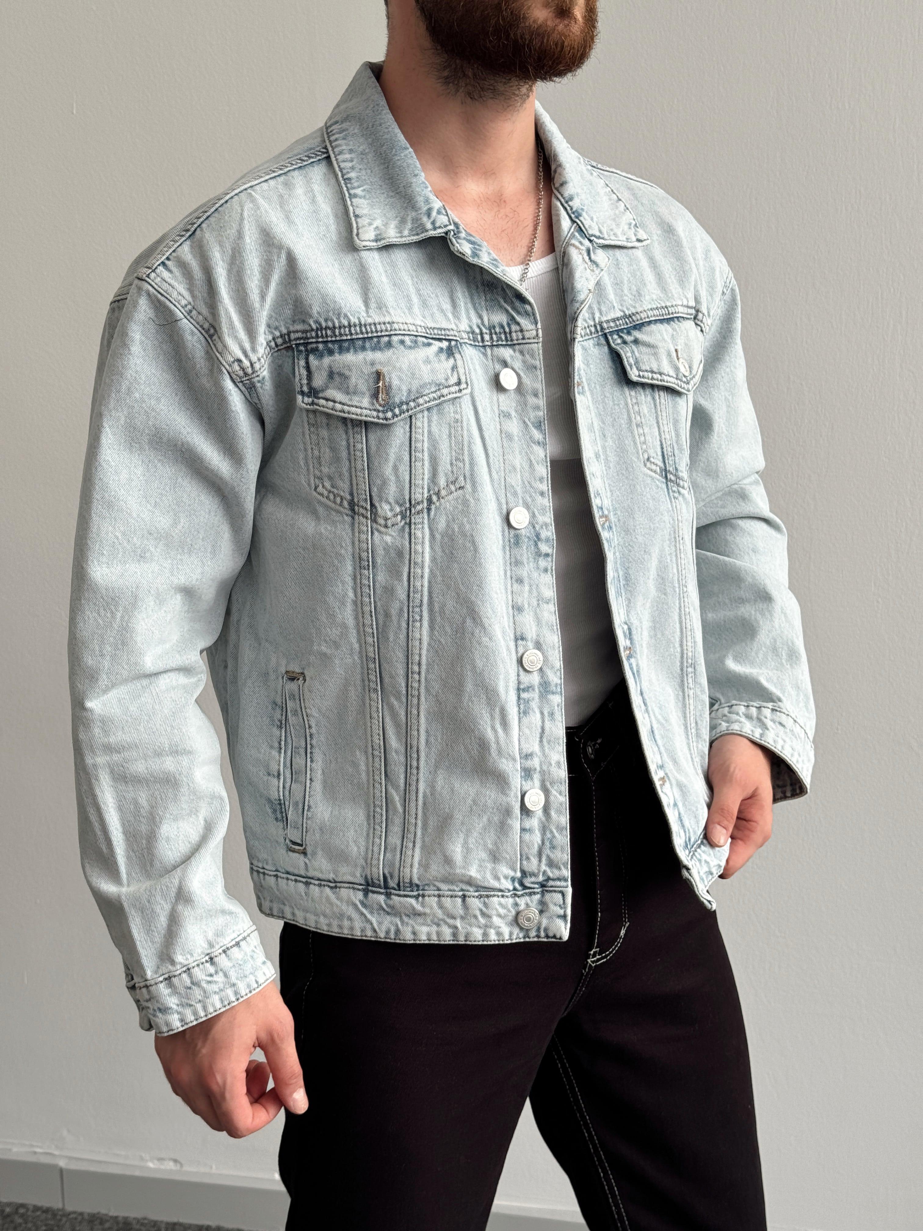 Erkek Premium Overize Never Break Sırt Baskılı Kot Denim Ceket-Kar Yıkama(E1119)Ketench