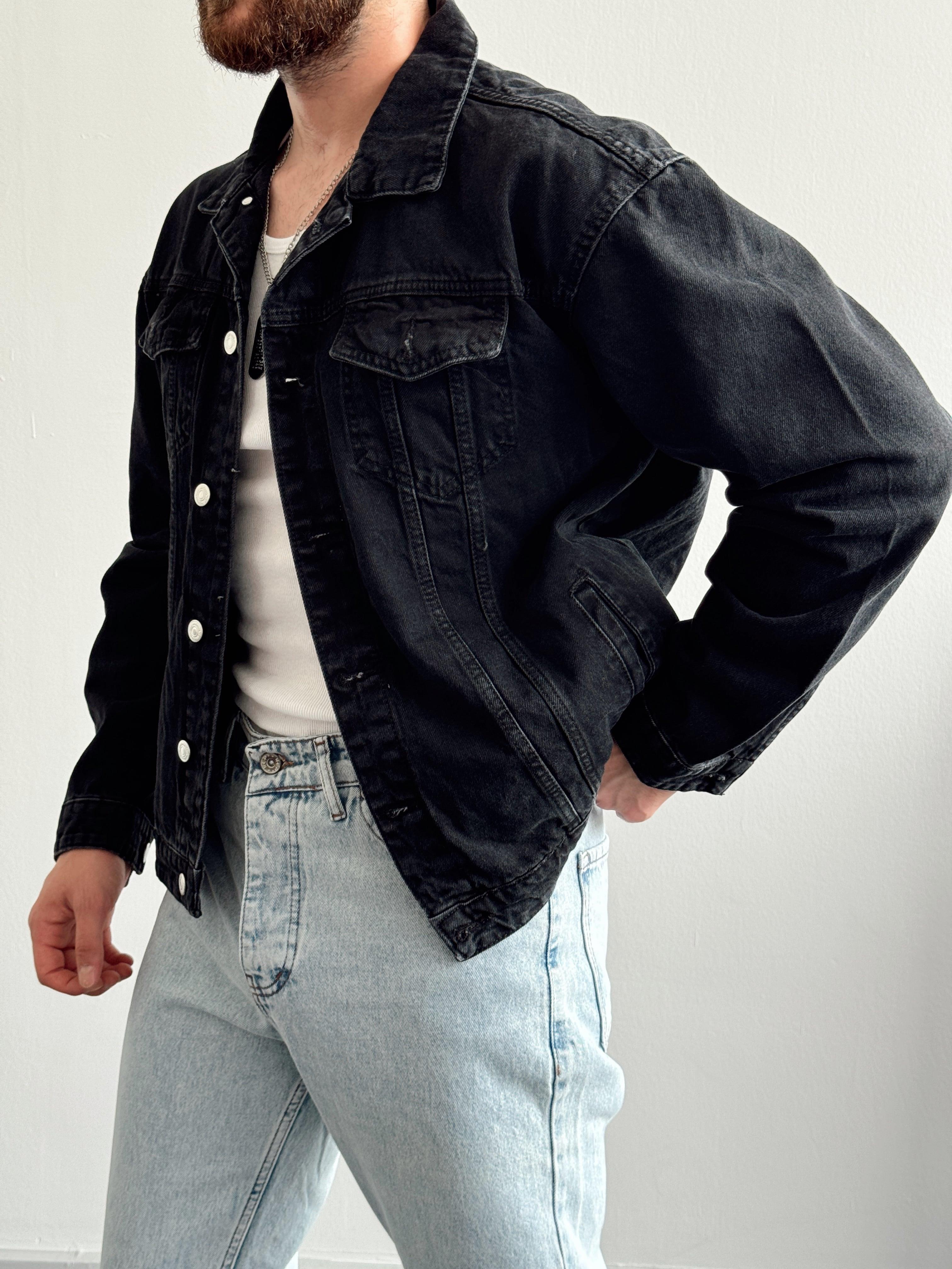 Erkek Premium Oversize Cep Kapak Detaylı Kot Denim Ceket-Siyah(E1118)Ketench