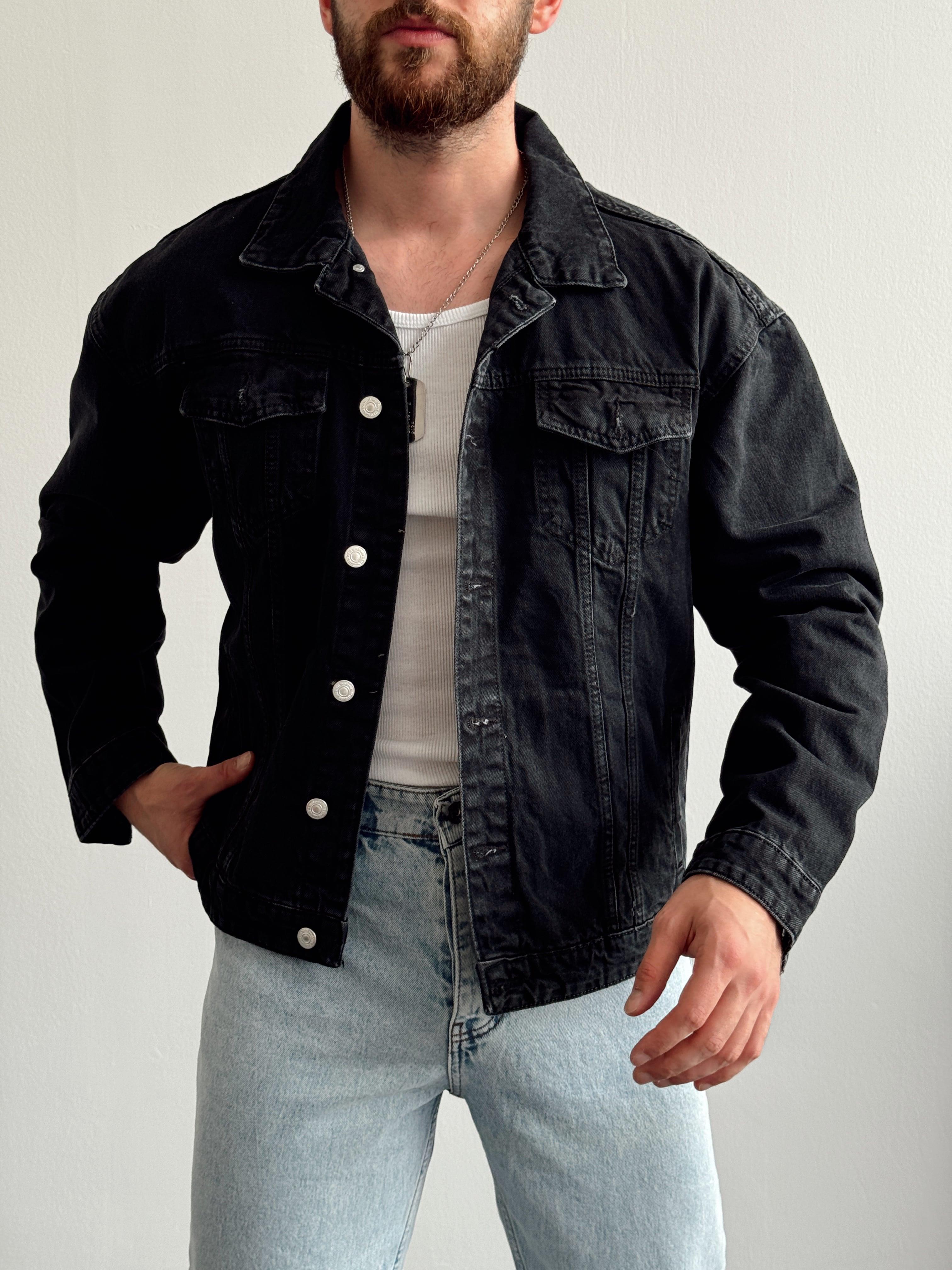 Erkek Premium Oversize Cep Kapak Detaylı Kot Denim Ceket-Siyah(E1118)Ketench