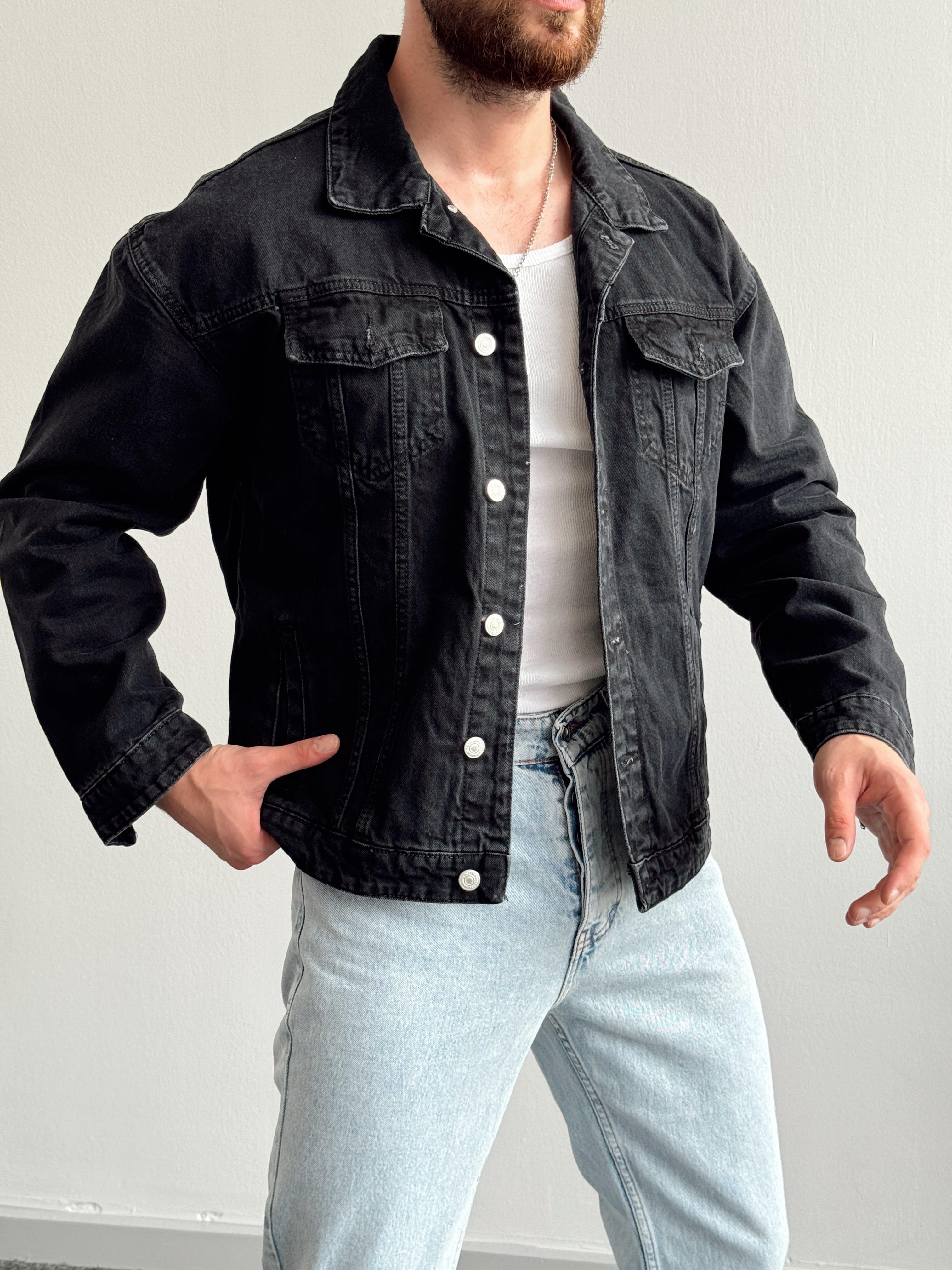 Erkek Premium Oversize Cep Kapak Detaylı Kot Denim Ceket-Siyah(E1118)Ketench