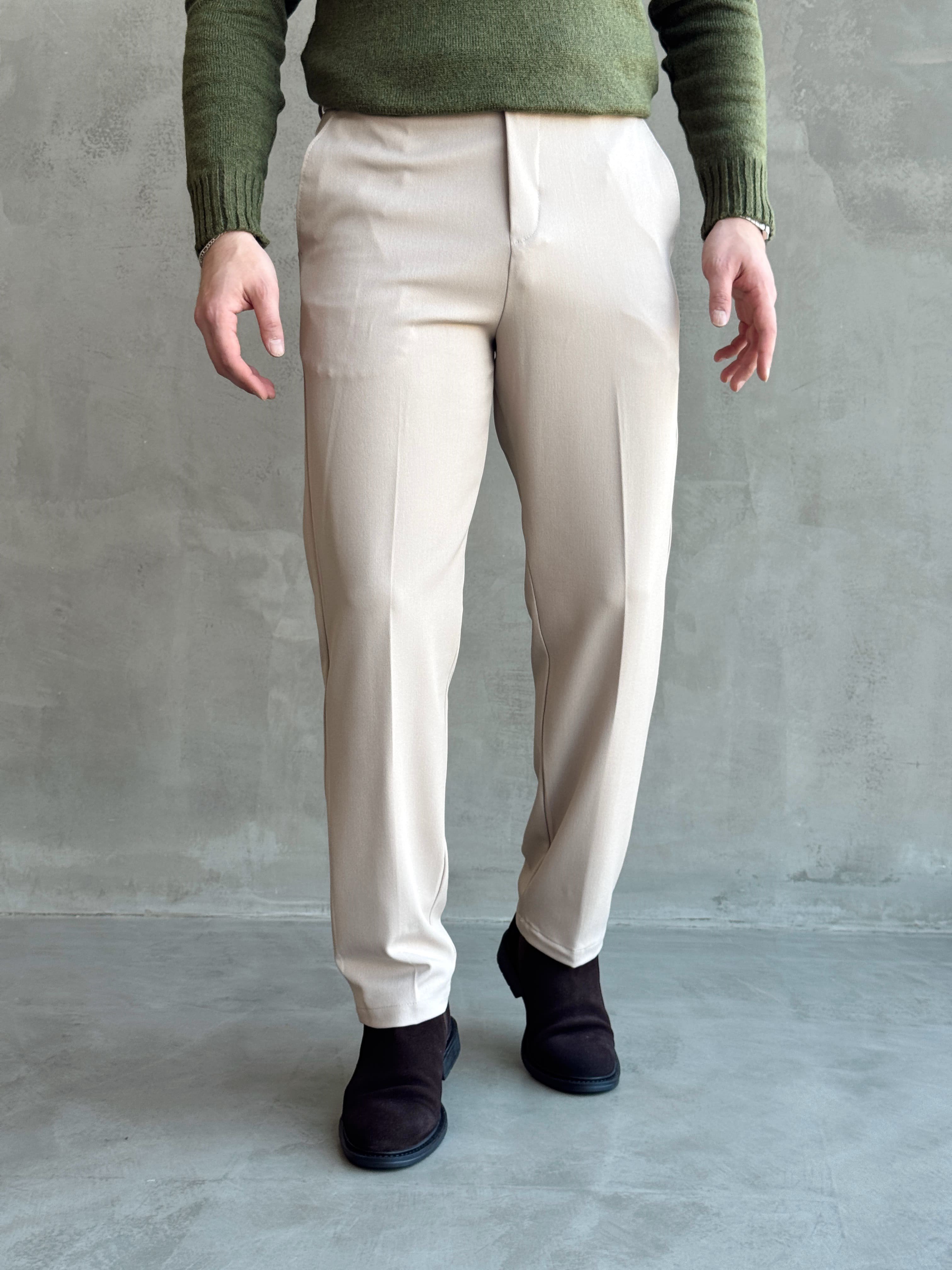 Erkek Premium Yüksek Kalite Beli Ekstra Lastikli Düğme ve Kopça Detaylı Regular Kalıp Kışlık Gabardin Kumaş Pantolon-Bej(E1869)Ketench