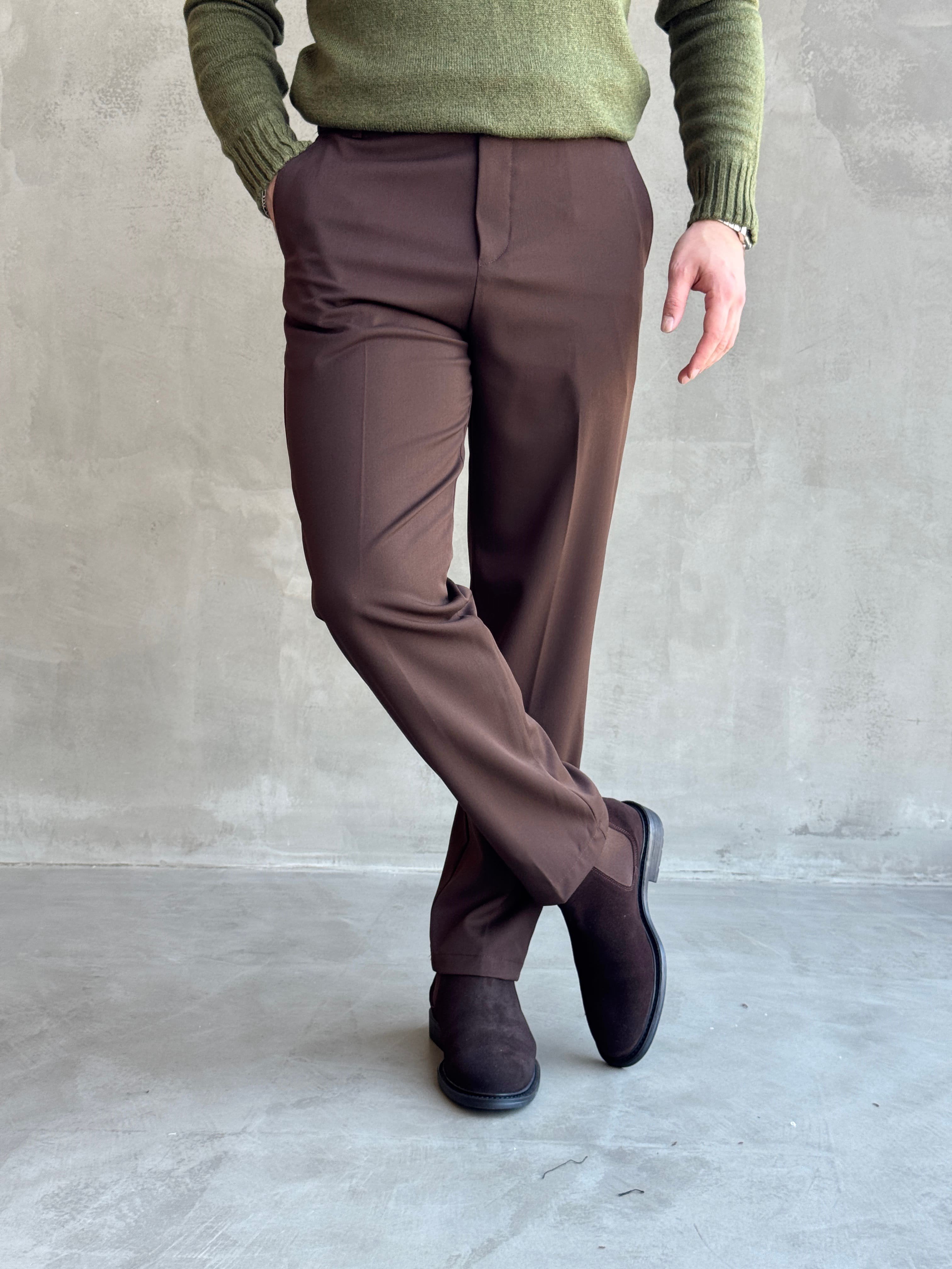 Erkek Premium Yüksek Kalite Beli Ekstra Lastikli Düğme ve Kopça Detaylı Regular Kalıp Kışlık Gabardin Kumaş Pantolon-Kahverengi(E1869)Ketench