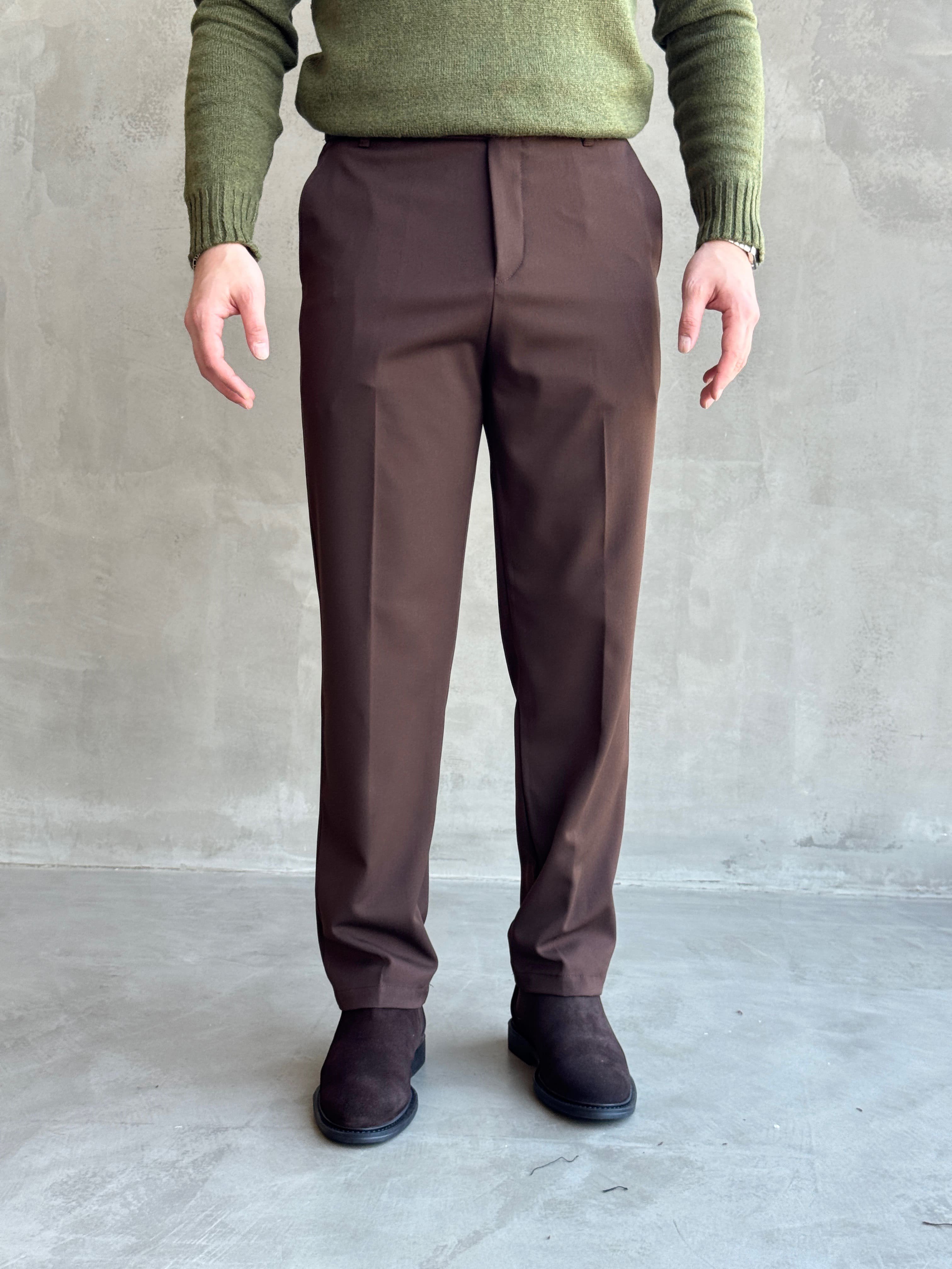 Erkek Premium Yüksek Kalite Beli Ekstra Lastikli Düğme ve Kopça Detaylı Regular Kalıp Kışlık Gabardin Kumaş Pantolon-Kahverengi(E1869)Ketench