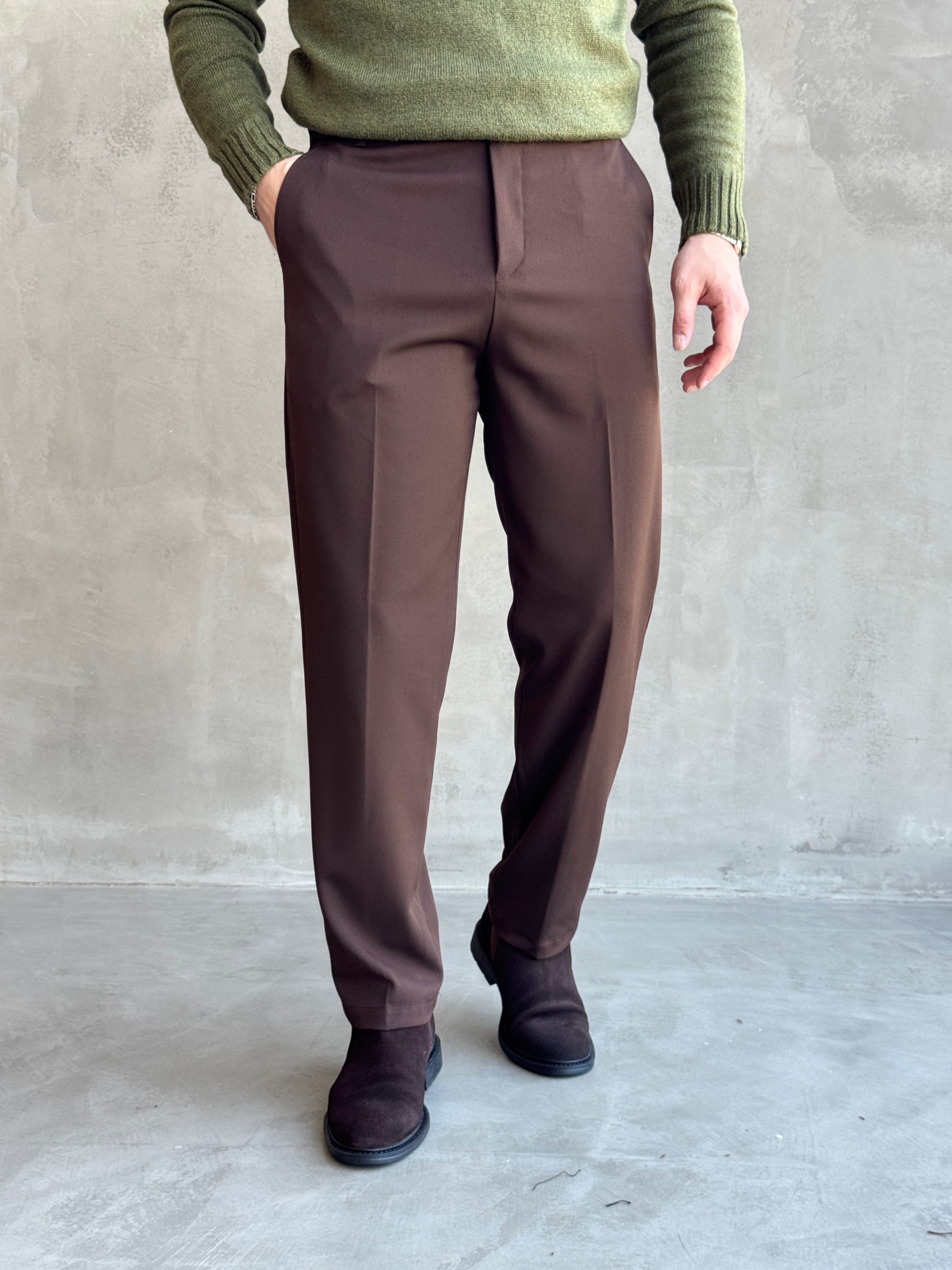 Erkek Premium Yüksek Kalite Beli Ekstra Lastikli Düğme ve Kopça Detaylı Regular Kalıp Kışlık Gabardin Kumaş Pantolon-Kahverengi(E1869)Ketench