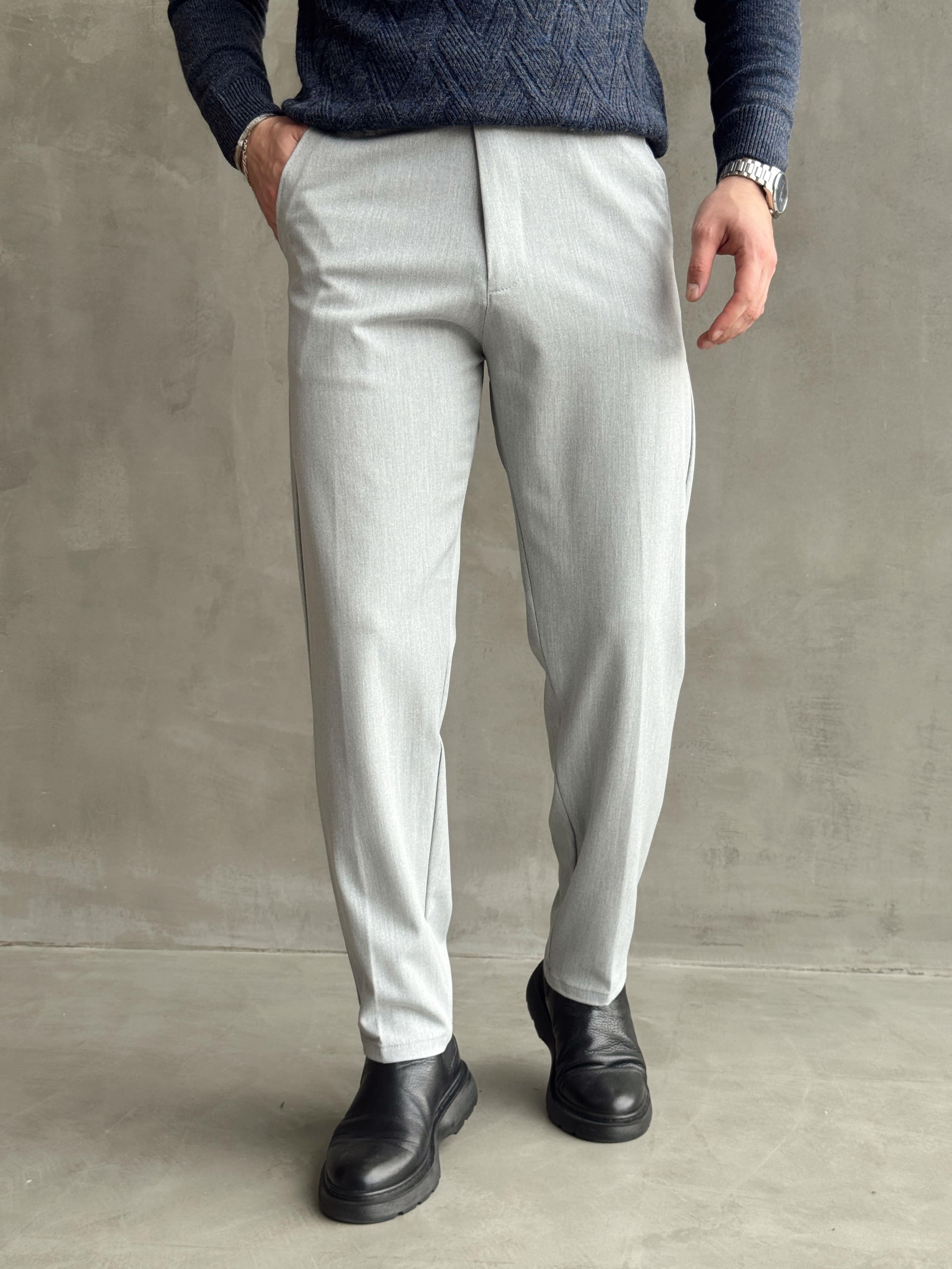 Erkek Premium Yüksek Kalite Beli Lastikli Düğme Ve Kopça Detaylı Regular Kalıp Kışlık Gabardin Kumaş Pantolon-Gri(E1521)Ketench