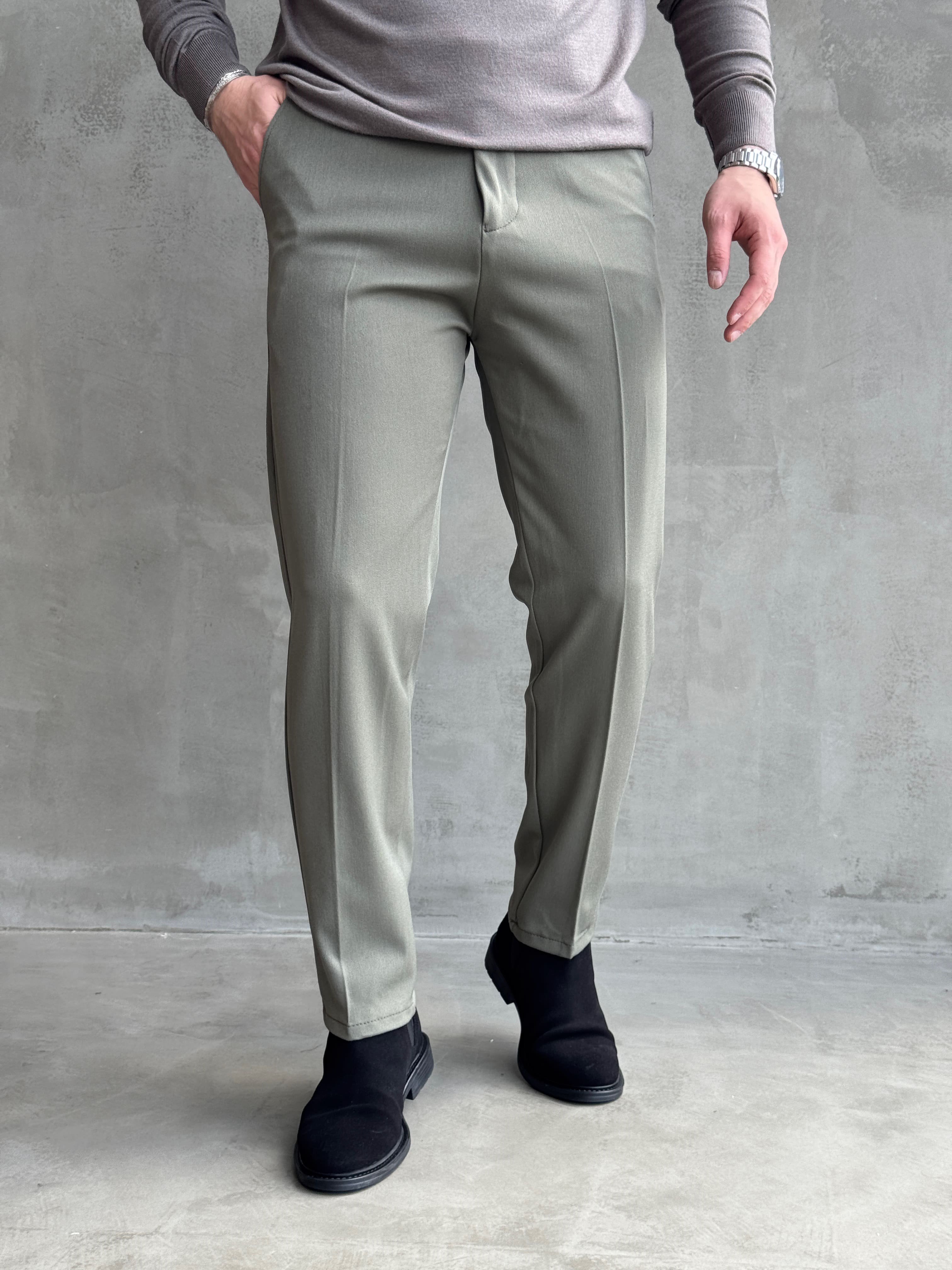Erkek Premium Yüksek Kalite Beli Lastikli Düğme Ve Kopça Detaylı Regular Kalıp Kışlık Gabardin Kumaş Pantolon-Haki(E1521)Ketench
