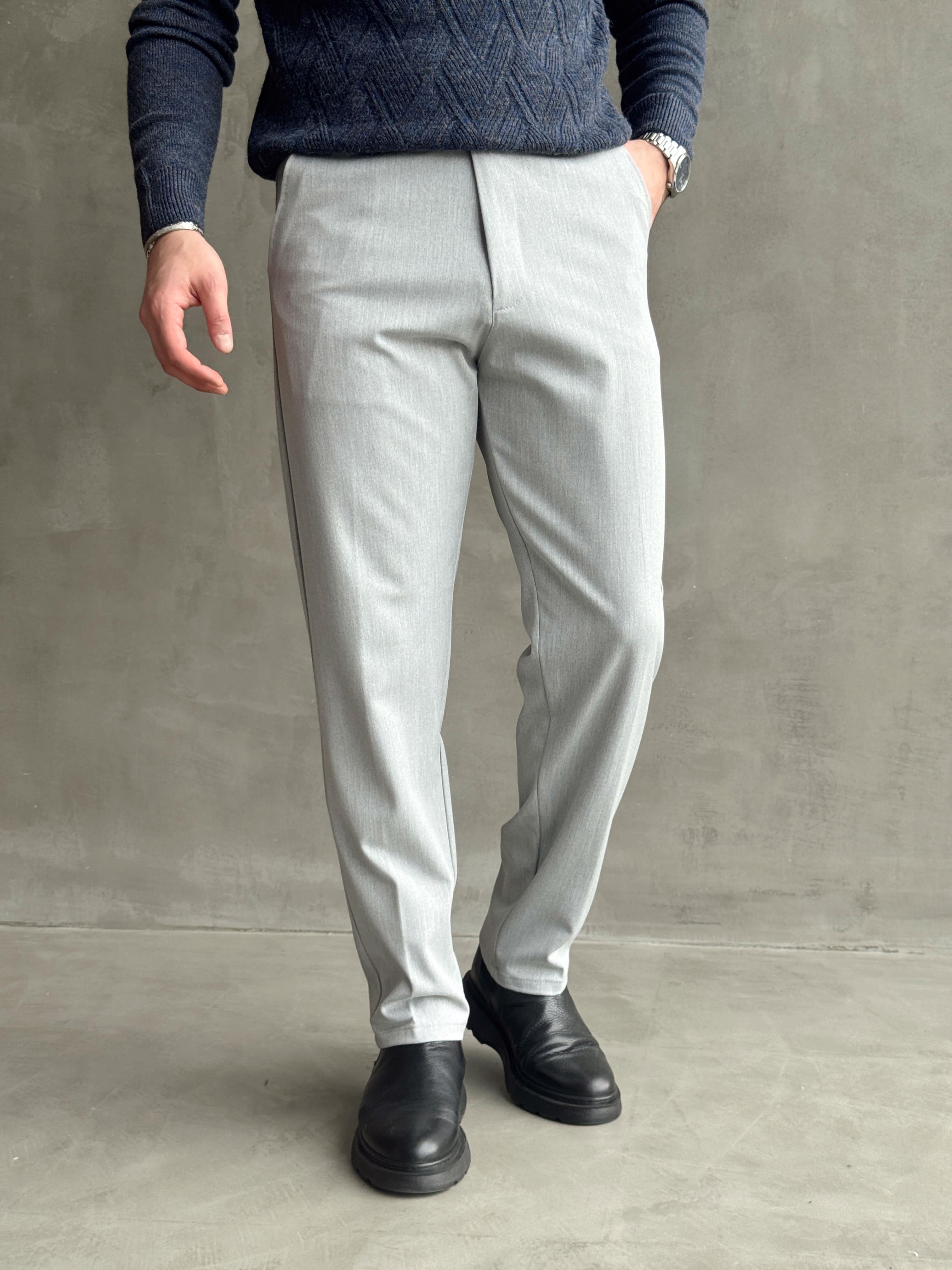 Erkek Premium Yüksek Kalite Beli Lastikli Düğme Ve Kopça Detaylı Regular Kalıp Kışlık Gabardin Kumaş Pantolon-Gri(E1521)Ketench
