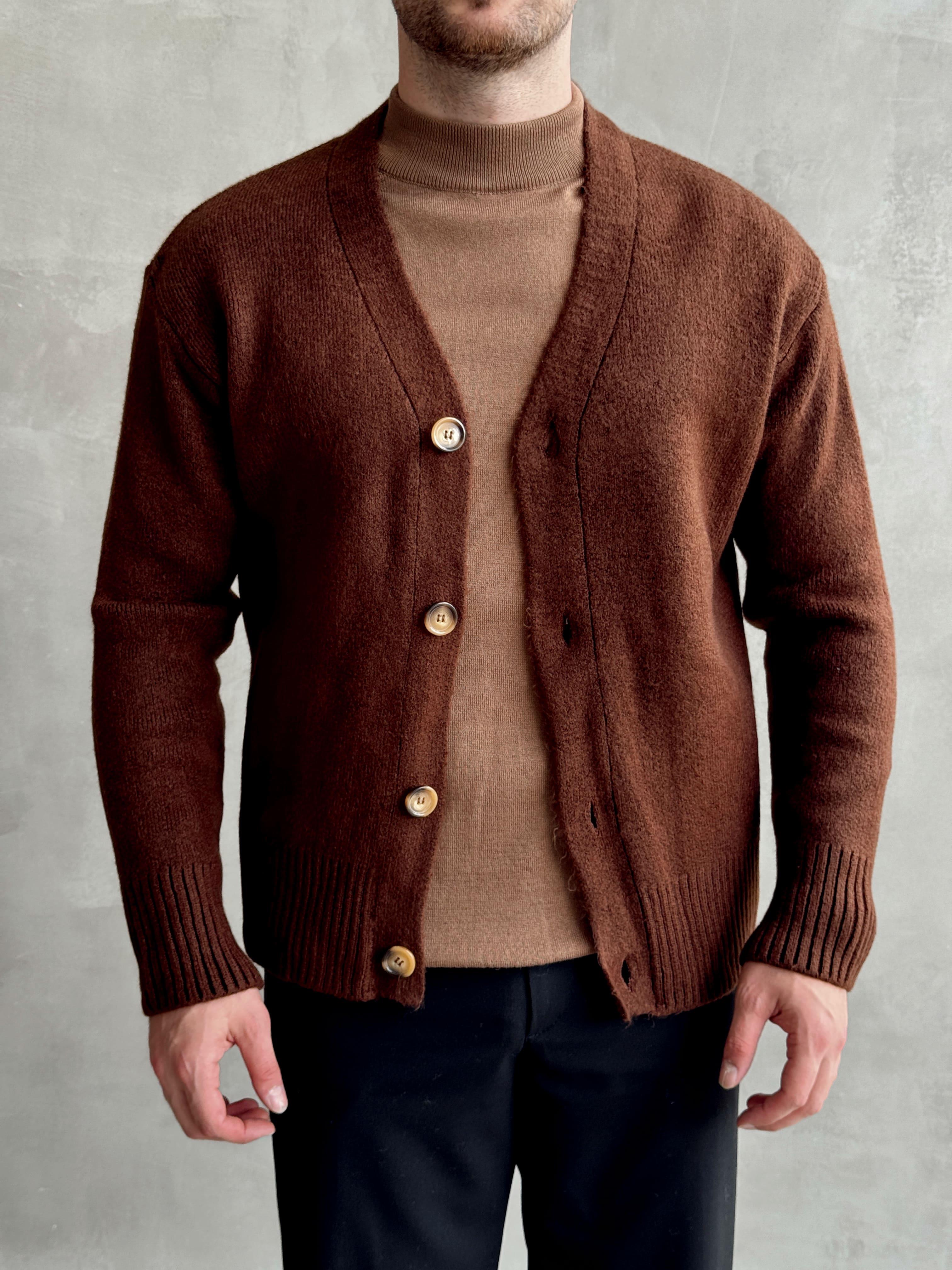 Erkek Premium Yüksek Kalite Oversize Kalıp Düğme Detaylı V Yaka Triko Hırka-Kahverengi(E1479)Ketench