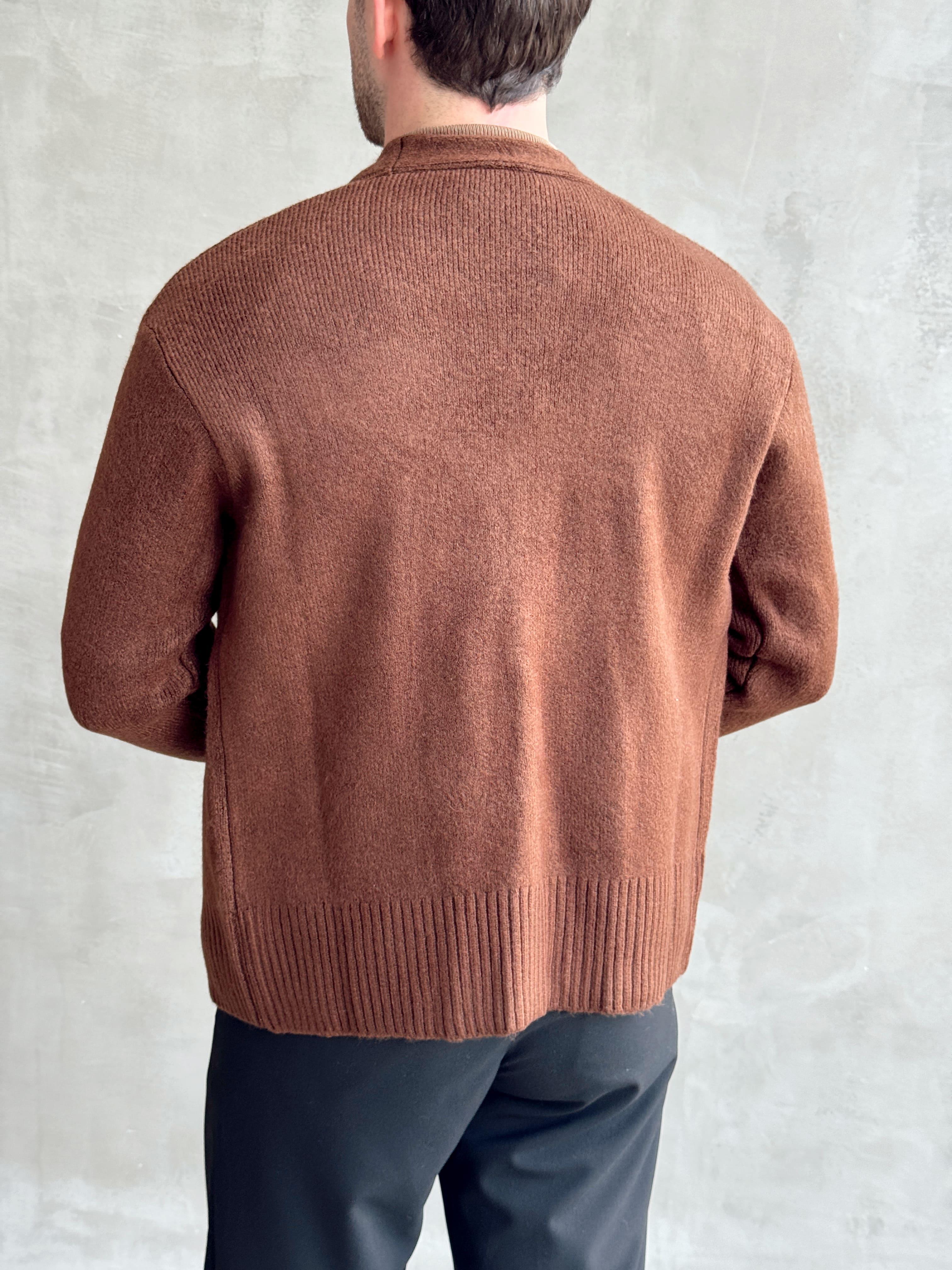 Erkek Premium Yüksek Kalite Oversize Kalıp Düğme Detaylı V Yaka Triko Hırka-Kahverengi(E1479)Ketench
