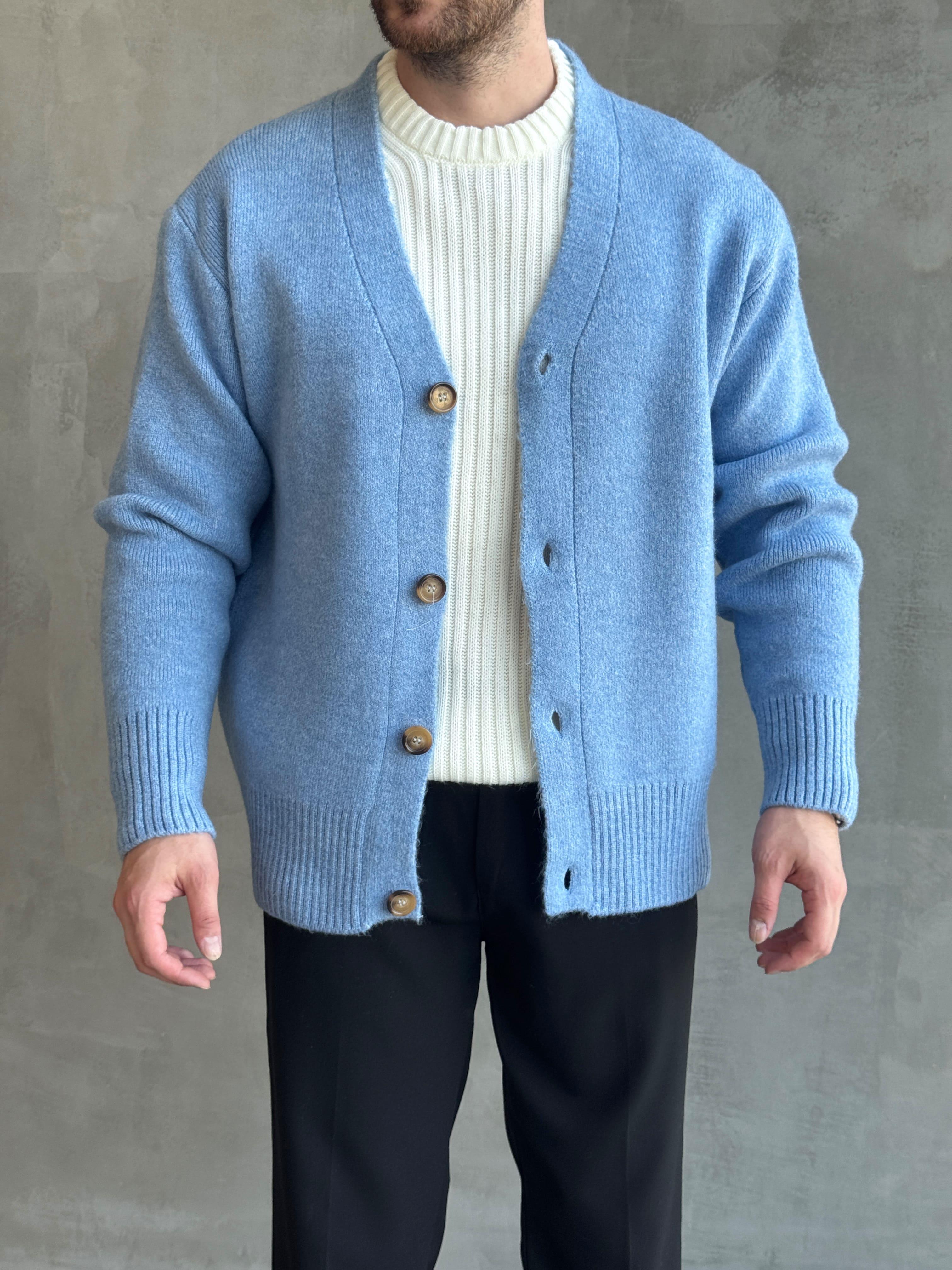 Erkek Premium Yüksek Kalite Oversize Kalıp Düğme Detaylı V Yaka Triko Hırka-Bebe Mavi(E1479)Ketench