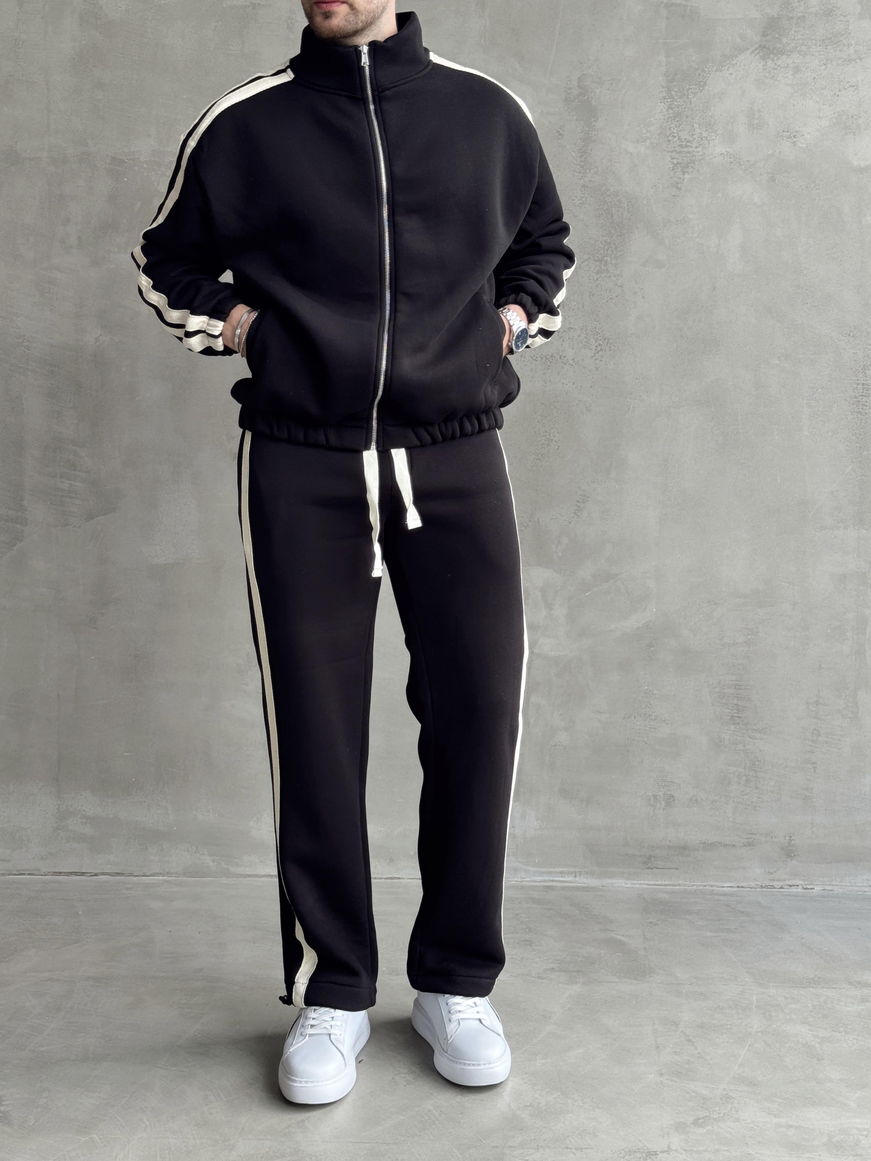 Erkek Premium Yüksek Kalite Oversize Kalıp Şardonlu Lastik Ribana 3 İplik Hasır Şerit Detaylı Sweat Eşofman Takım-Siyah(E1476)Ketench