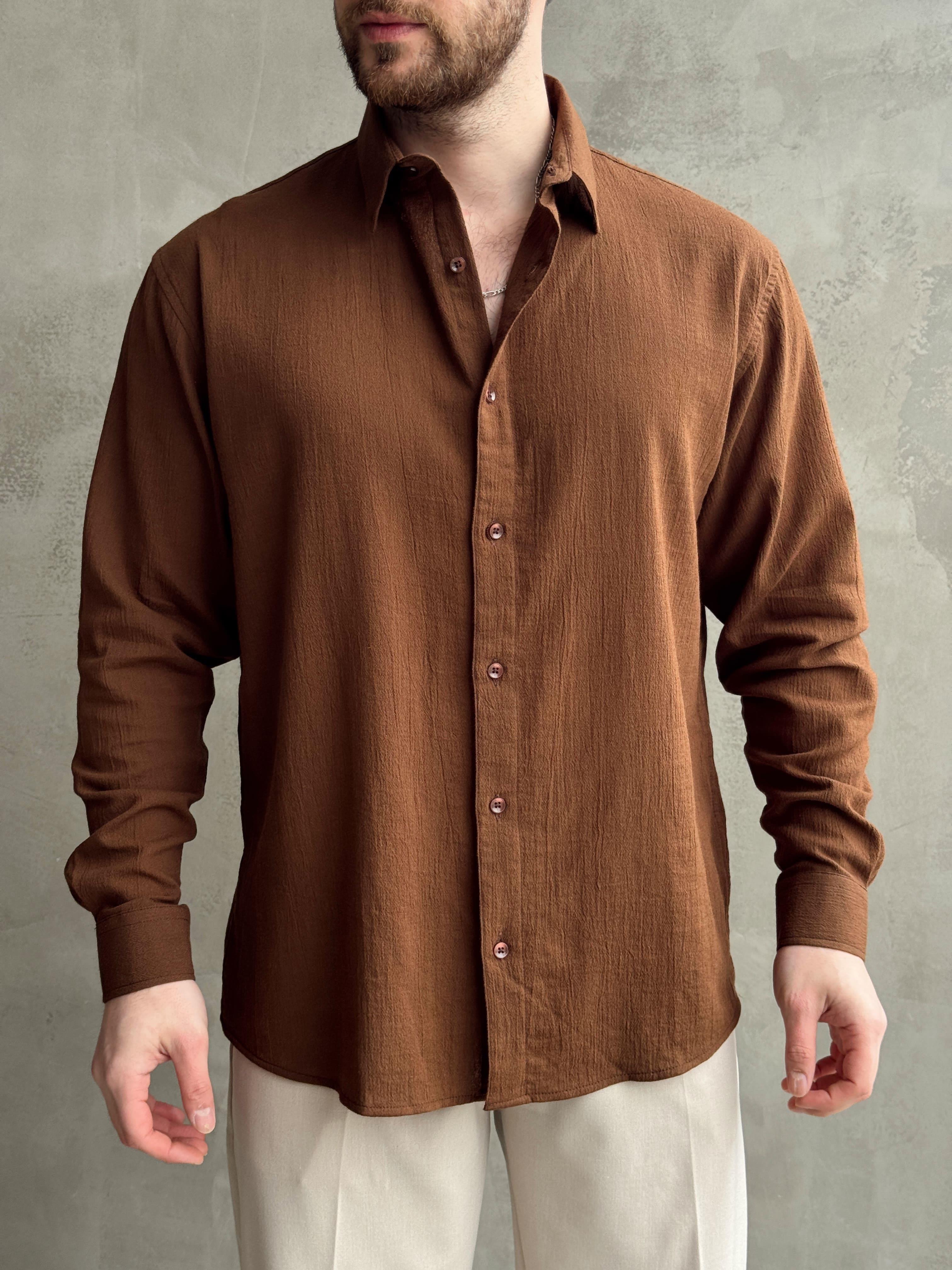 Erkek Premium Yüksek Kalite Oversize Kalıp %100 Pamuk Kumaş Gömlek-Kahverengi(E1664)Ketench