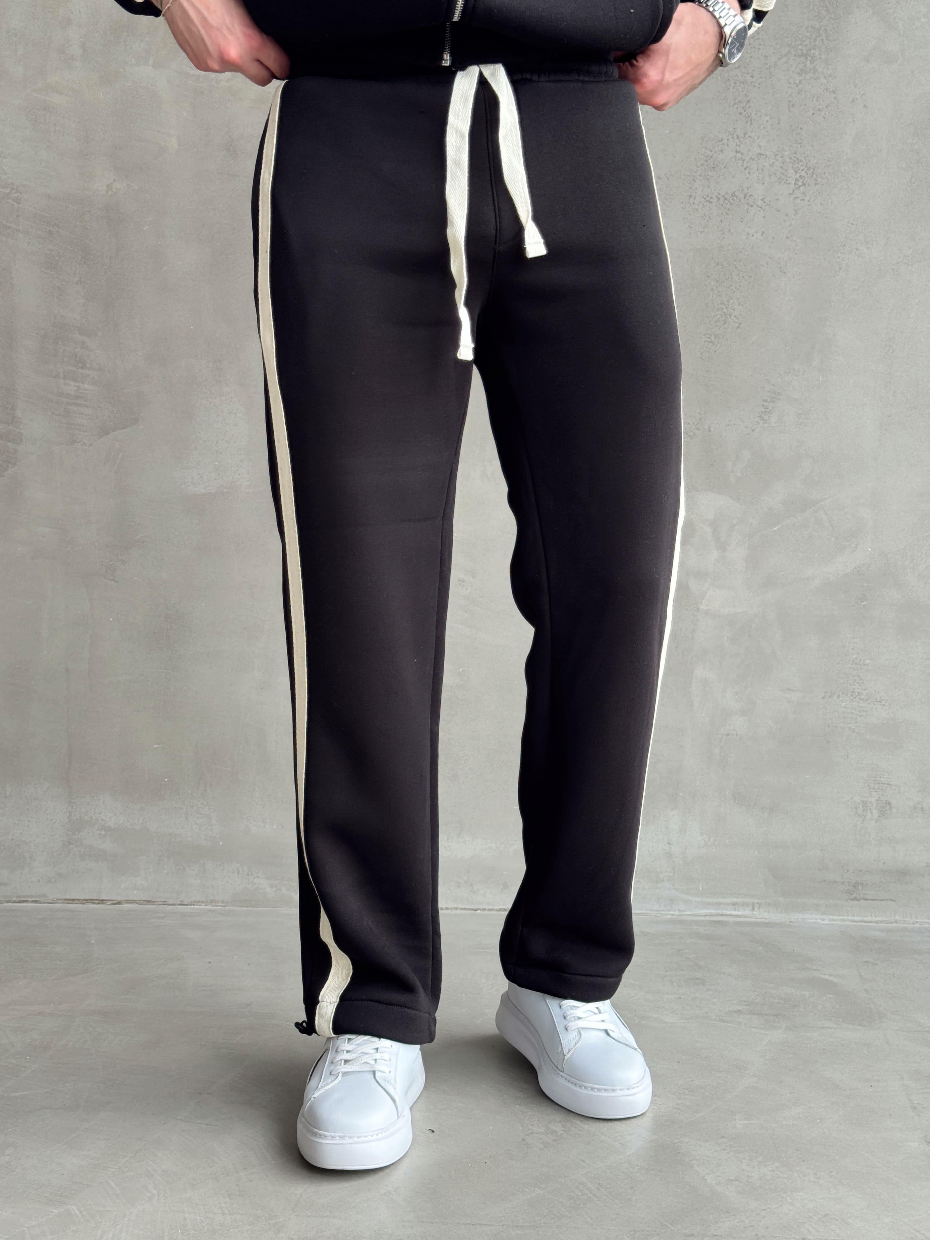 Erkek Premium Yüksek Kalite Oversize Kalıp Şardonlu Lastik Ribana 3 İplik Hasır Şerit Detaylı Sweat Eşofman Takım-Siyah(E1476)Ketench