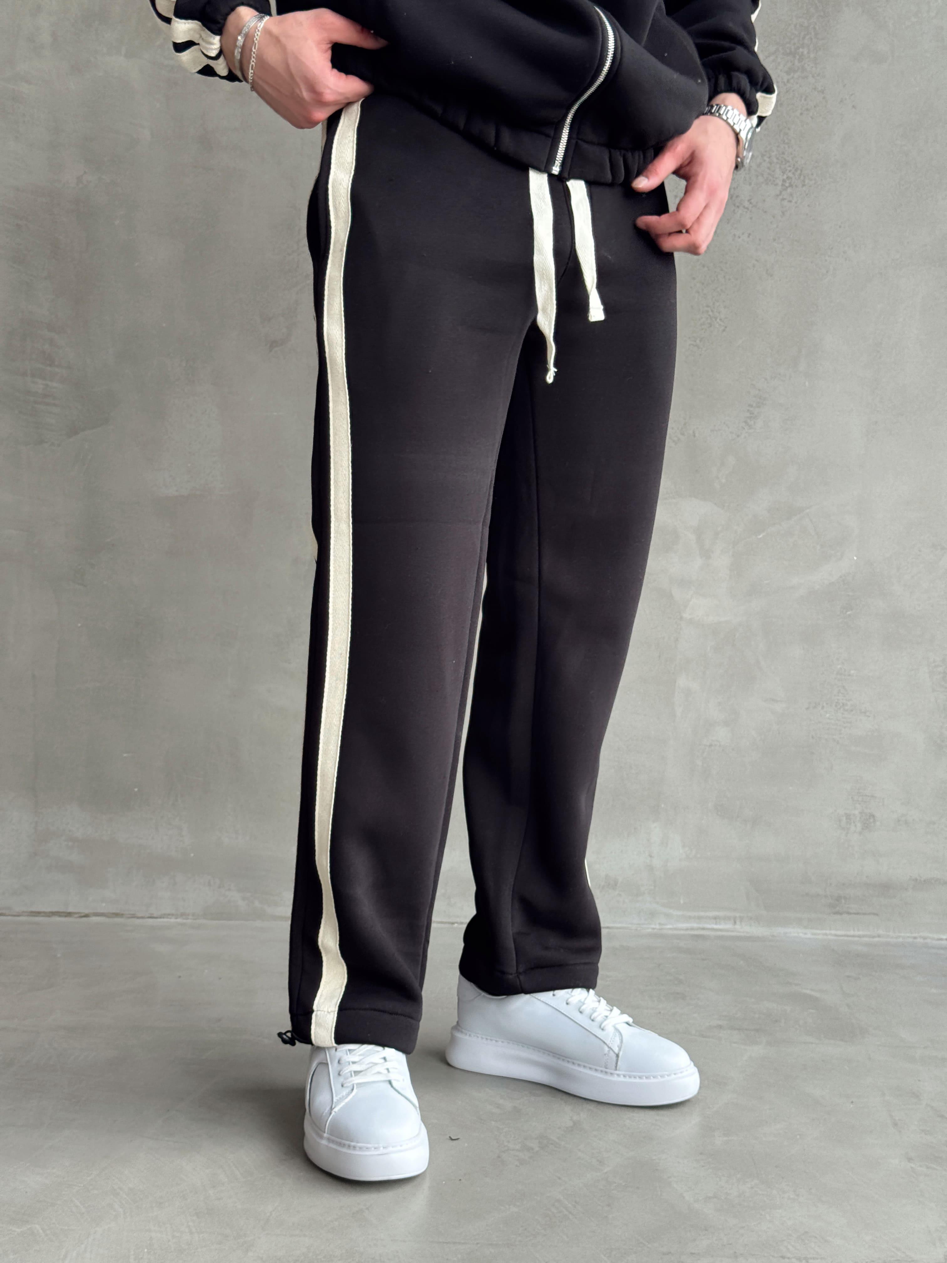 Erkek Premium Yüksek Kalite Oversize Kalıp Şardonlu Lastik Ribana 3 İplik Hasır Şerit Detaylı Sweat Eşofman Takım-Siyah(E1476)Ketench