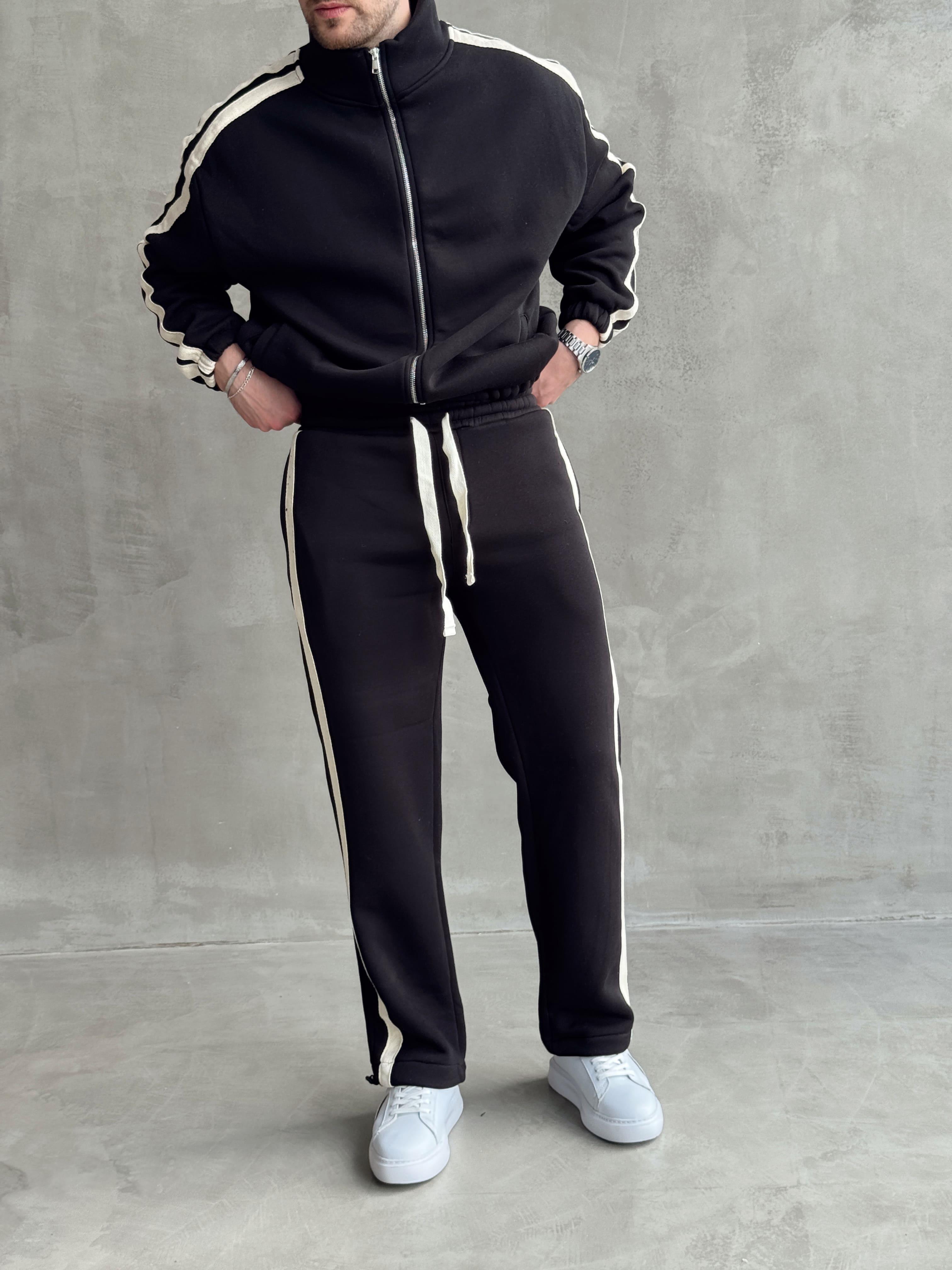 Erkek Premium Yüksek Kalite Oversize Kalıp Şardonlu Lastik Ribana 3 İplik Hasır Şerit Detaylı Sweat Eşofman Takım-Siyah(E1476)Ketench