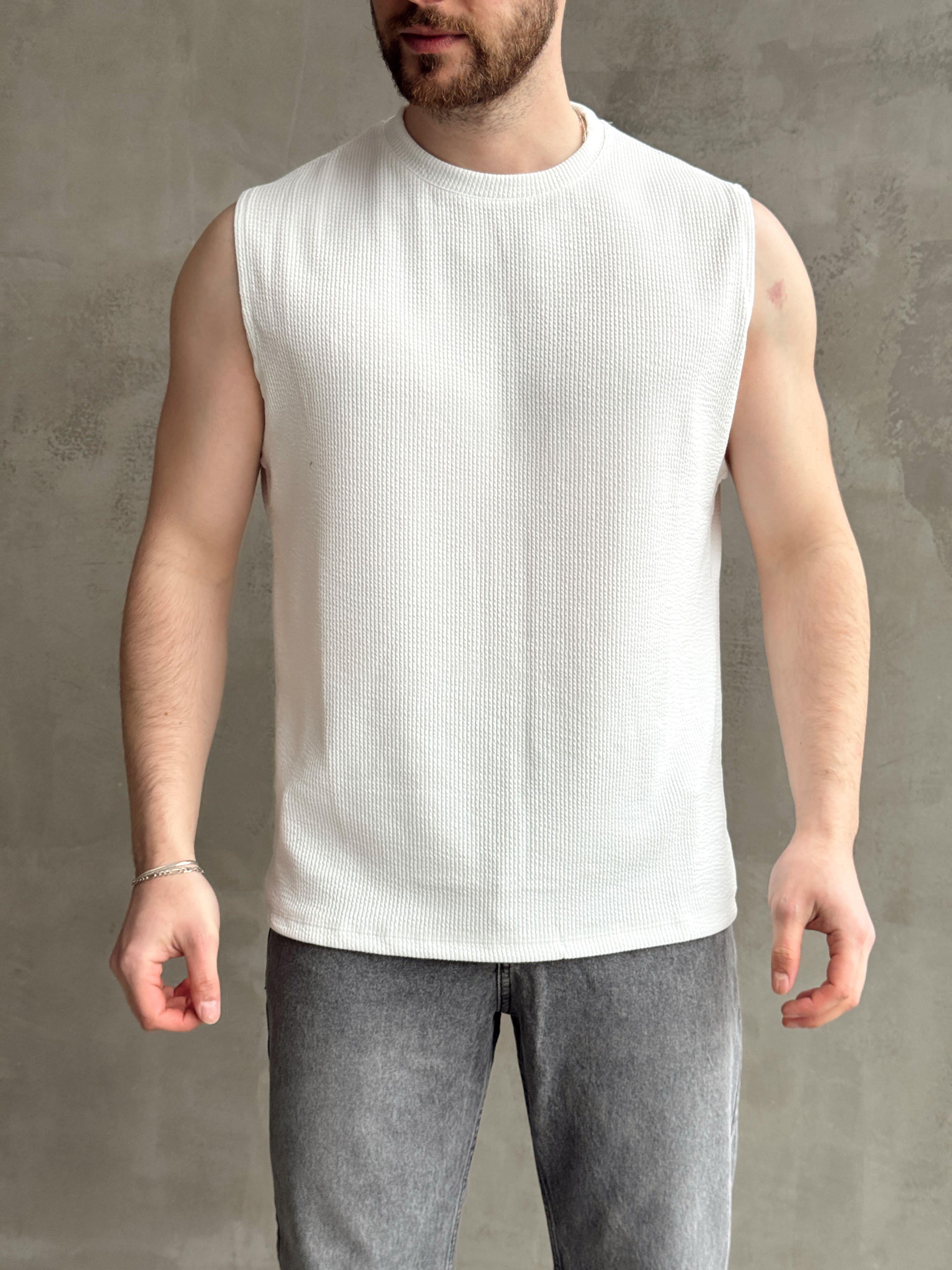 Erkek Premium Yüksek Kalite Oversize Kalıp Bisiklet Yaka Fitilli T-Shirt-Beyaz(E1665)Ketench