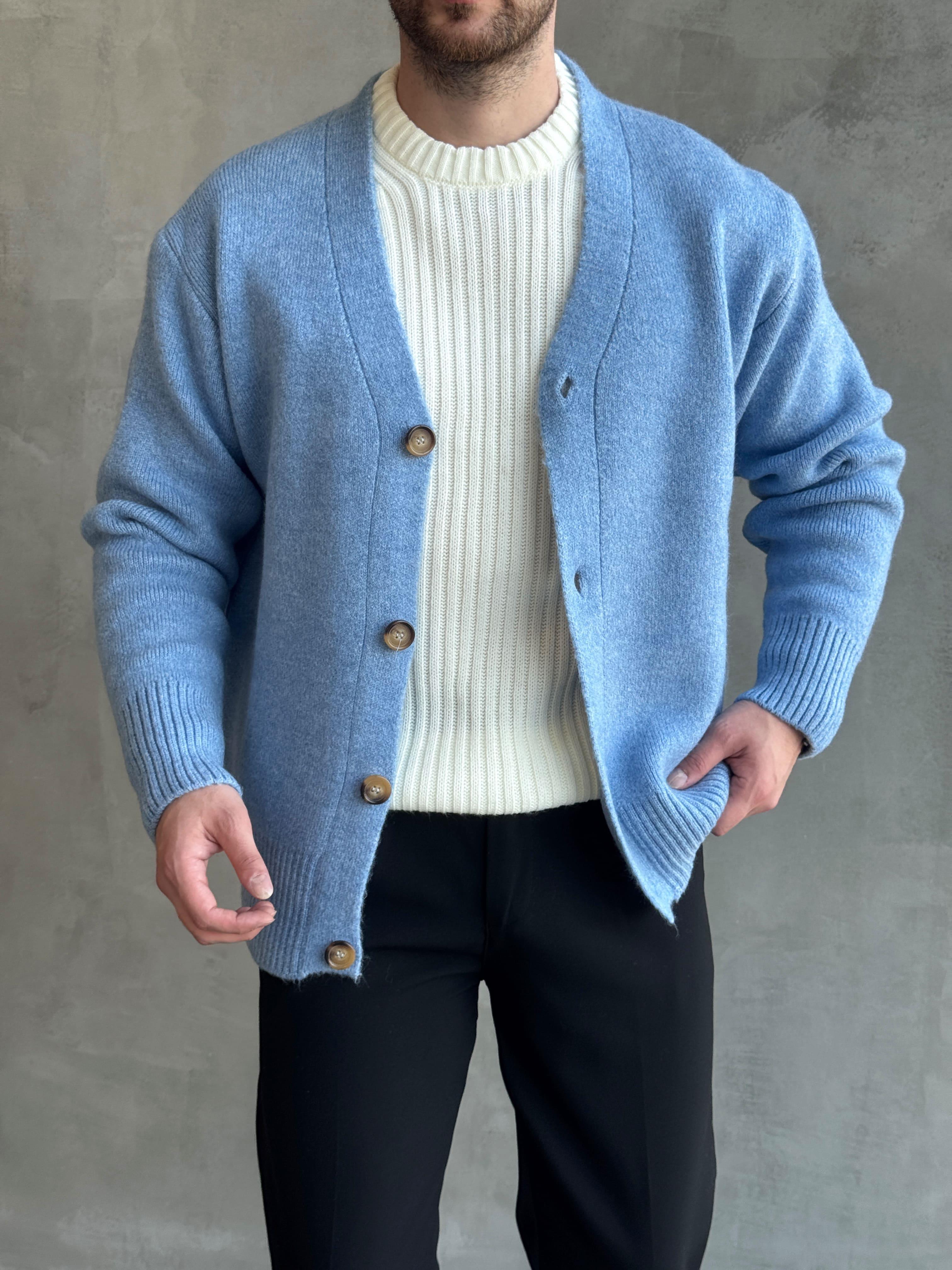 Erkek Premium Yüksek Kalite Oversize Kalıp Düğme Detaylı V Yaka Triko Hırka-Bebe Mavi(E1479)Ketench