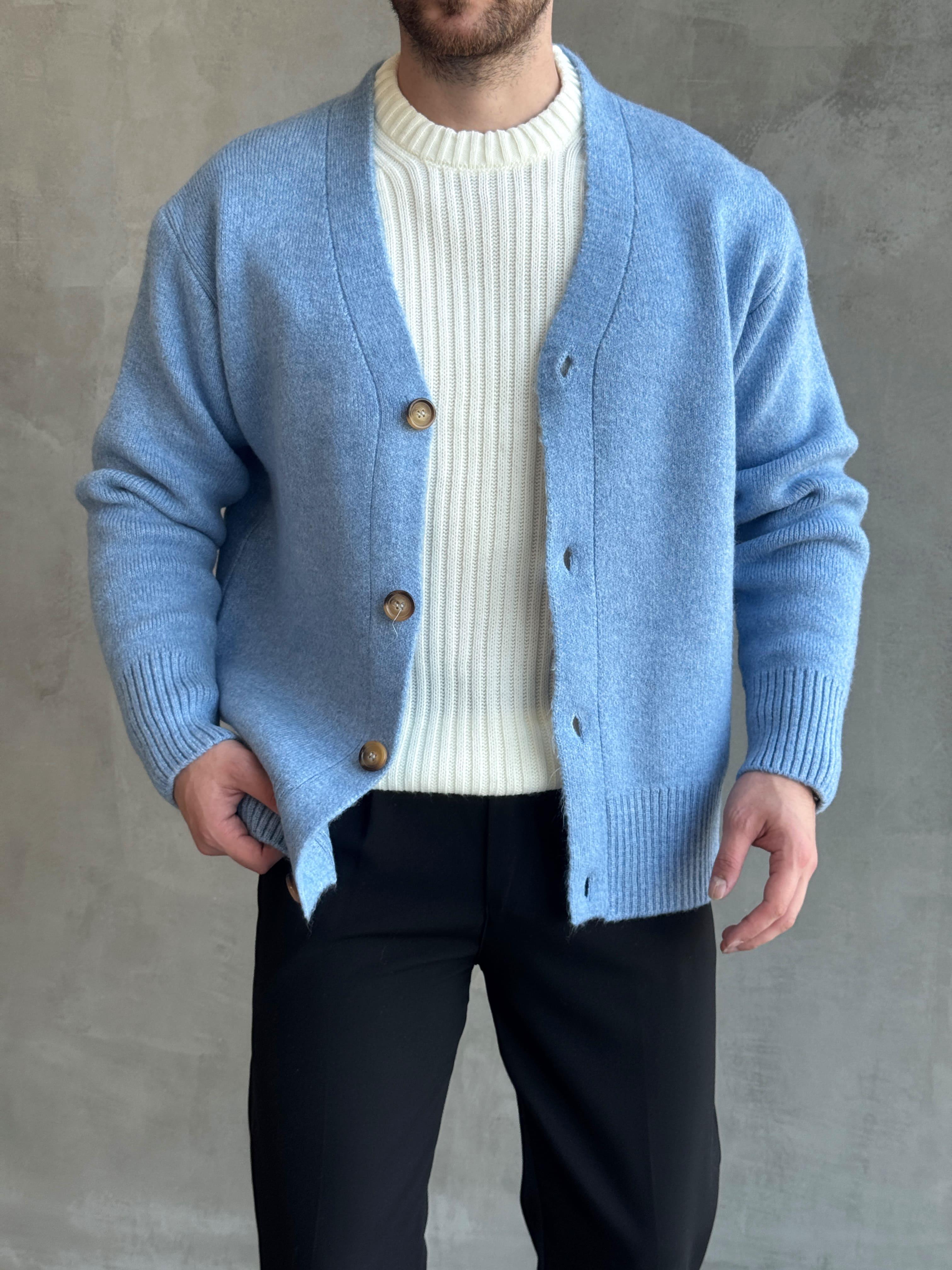 Erkek Premium Yüksek Kalite Oversize Kalıp Düğme Detaylı V Yaka Triko Hırka-Bebe Mavi(E1479)Ketench