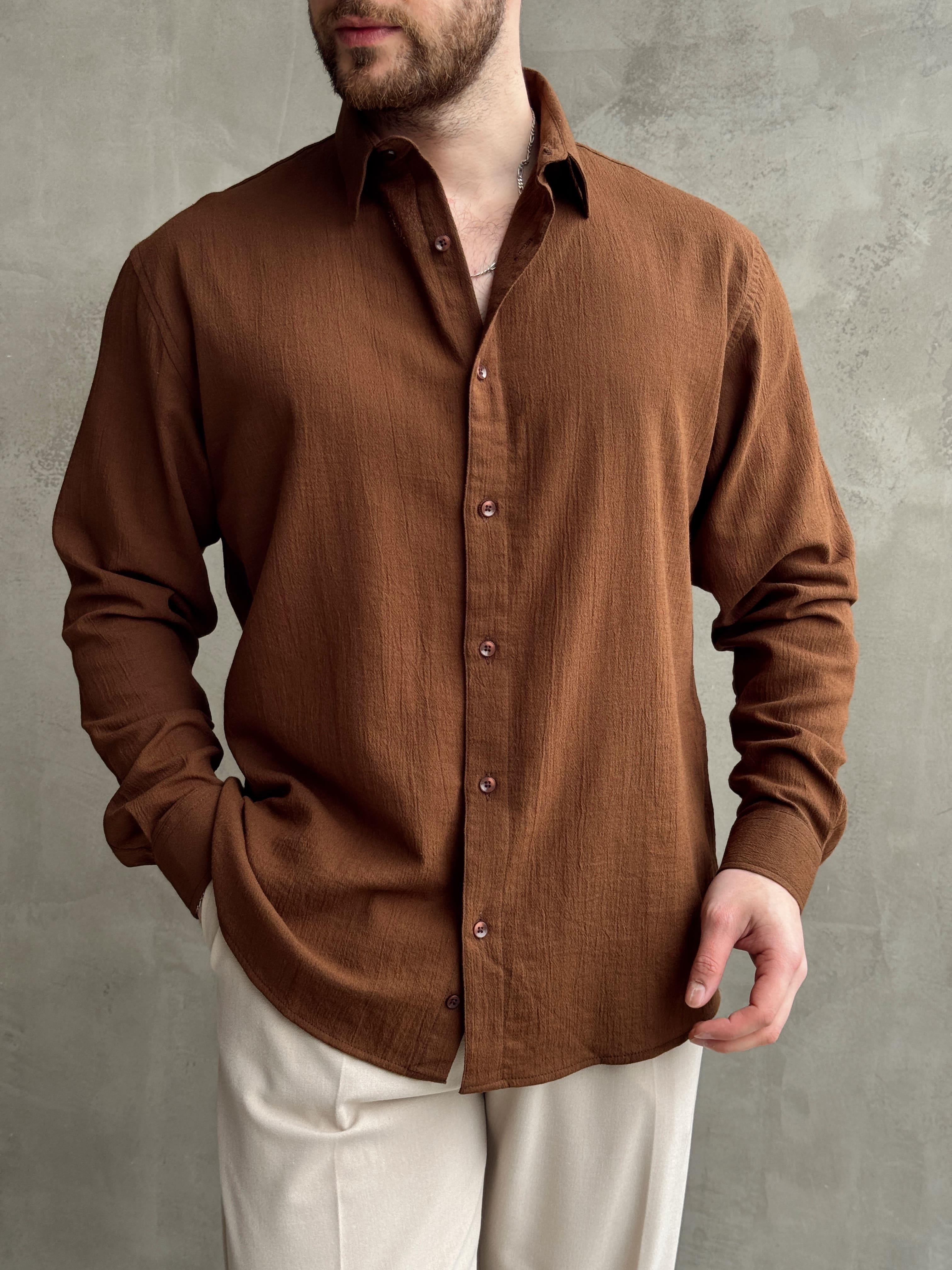Erkek Premium Yüksek Kalite Oversize Kalıp %100 Pamuk Kumaş Gömlek-Kahverengi(E1664)Ketench