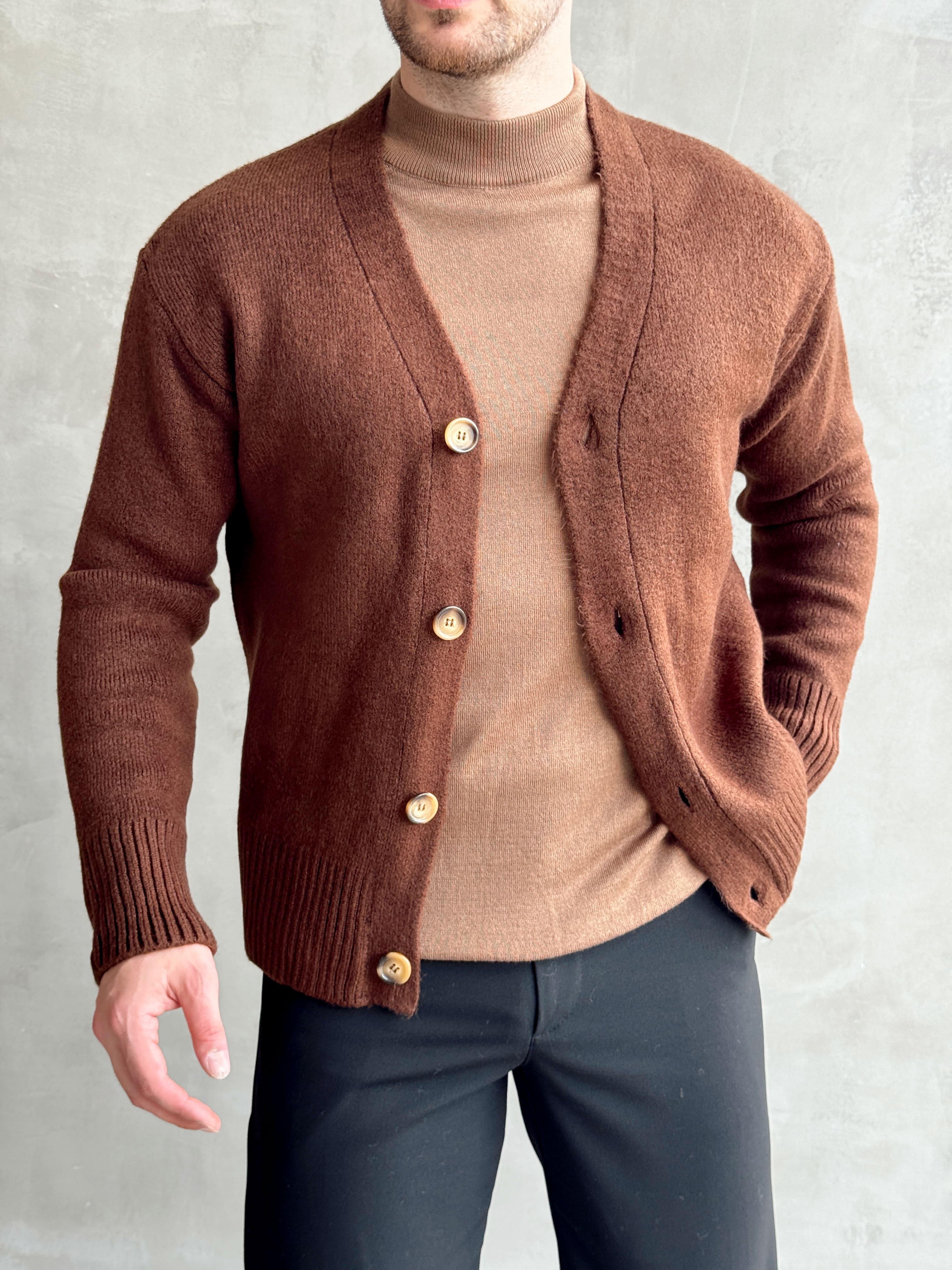 Erkek Premium Yüksek Kalite Oversize Kalıp Düğme Detaylı V Yaka Triko Hırka-Kahverengi(E1479)Ketench