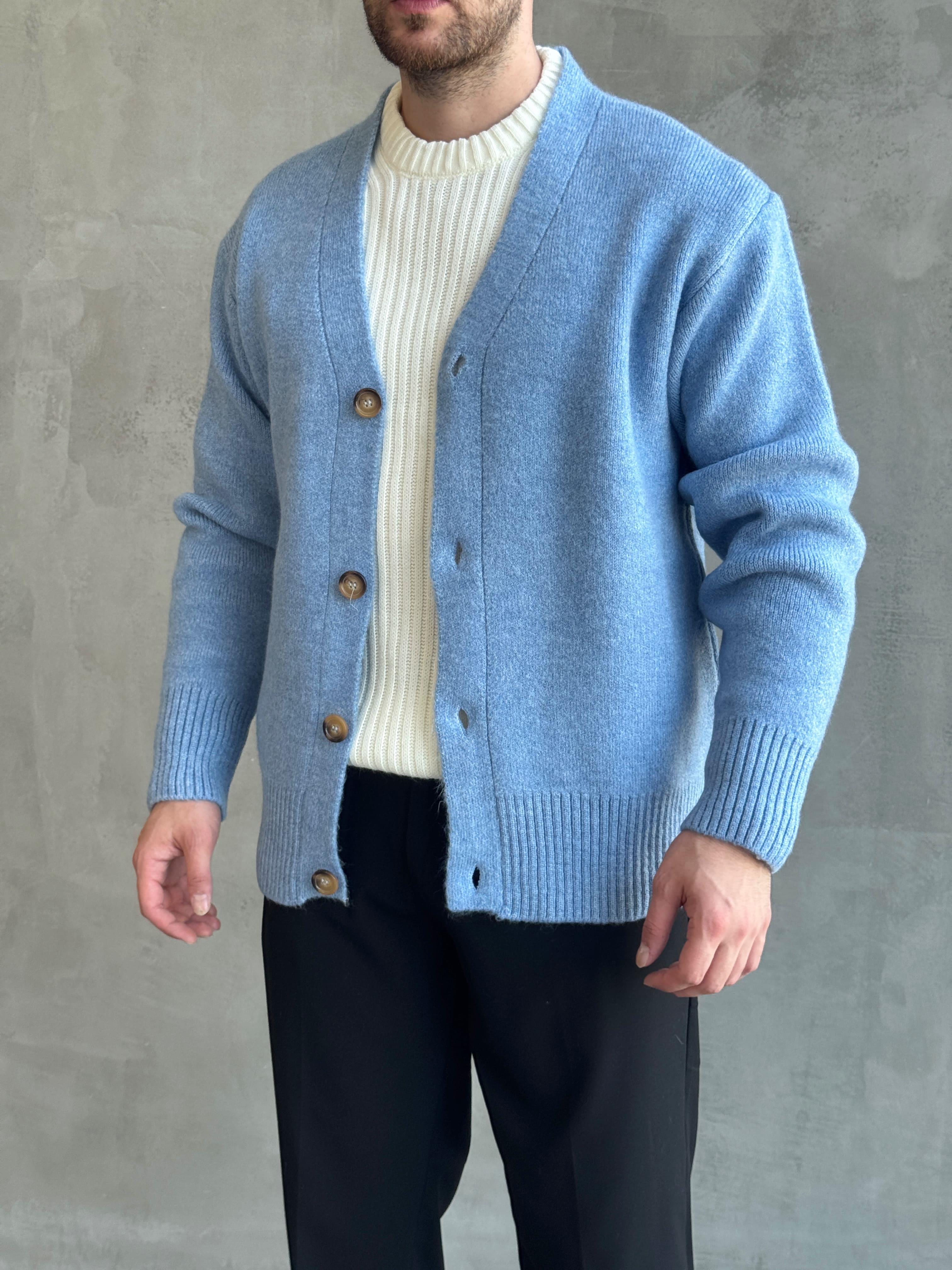 Erkek Premium Yüksek Kalite Oversize Kalıp Düğme Detaylı V Yaka Triko Hırka-Bebe Mavi(E1479)Ketench