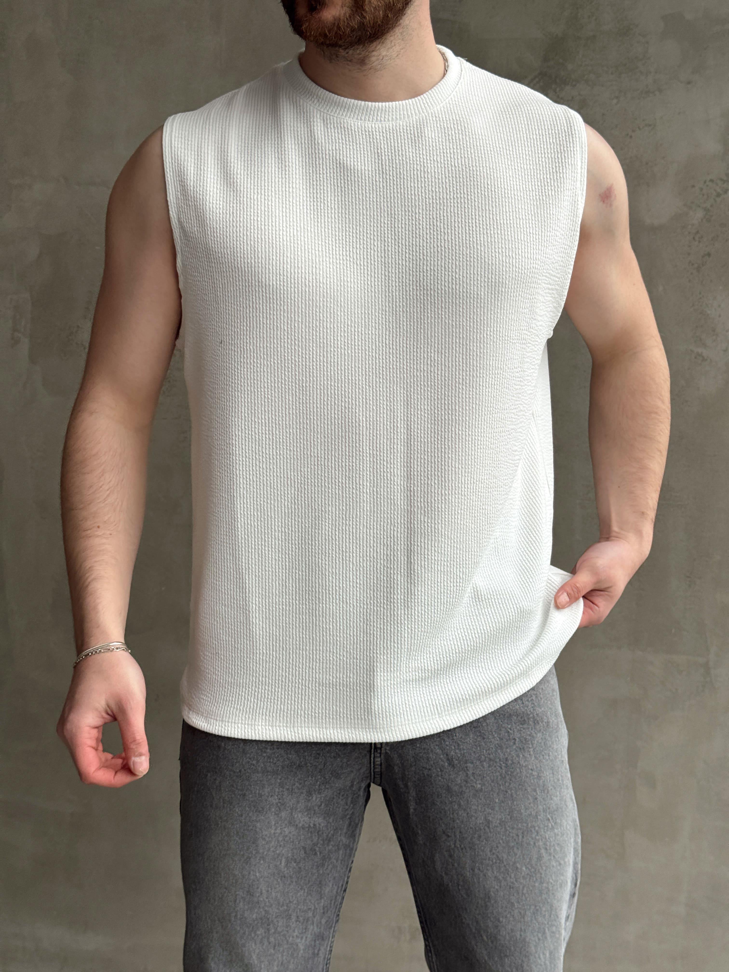 Erkek Premium Yüksek Kalite Oversize Kalıp Bisiklet Yaka Fitilli T-Shirt-Beyaz(E1665)Ketench