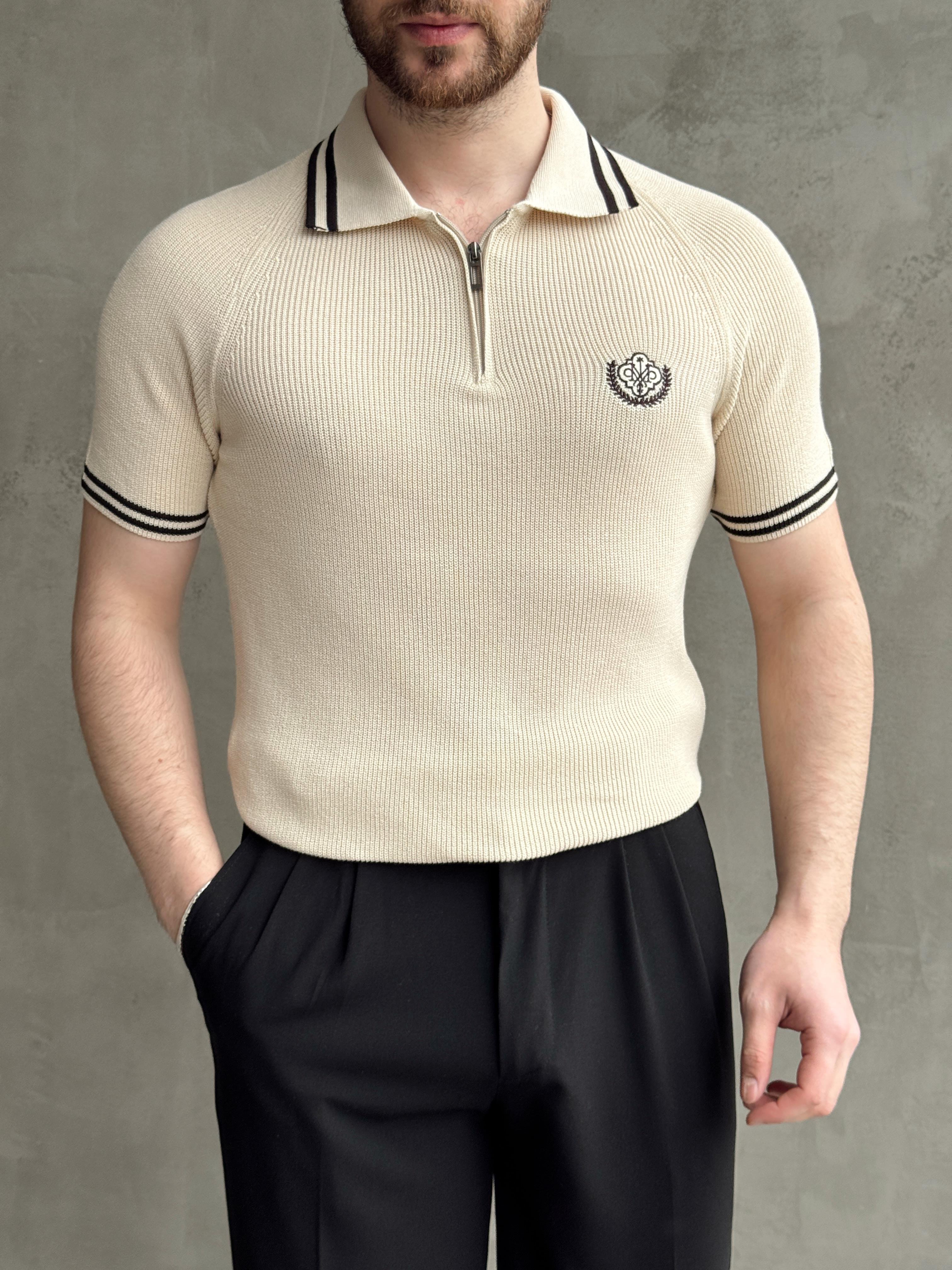 Erkek Premium Yüksek Kalite Regular Kalıp Fermuar Detaylı Nakışlı Triko T-Shirt-Bej(E1669)Ketench