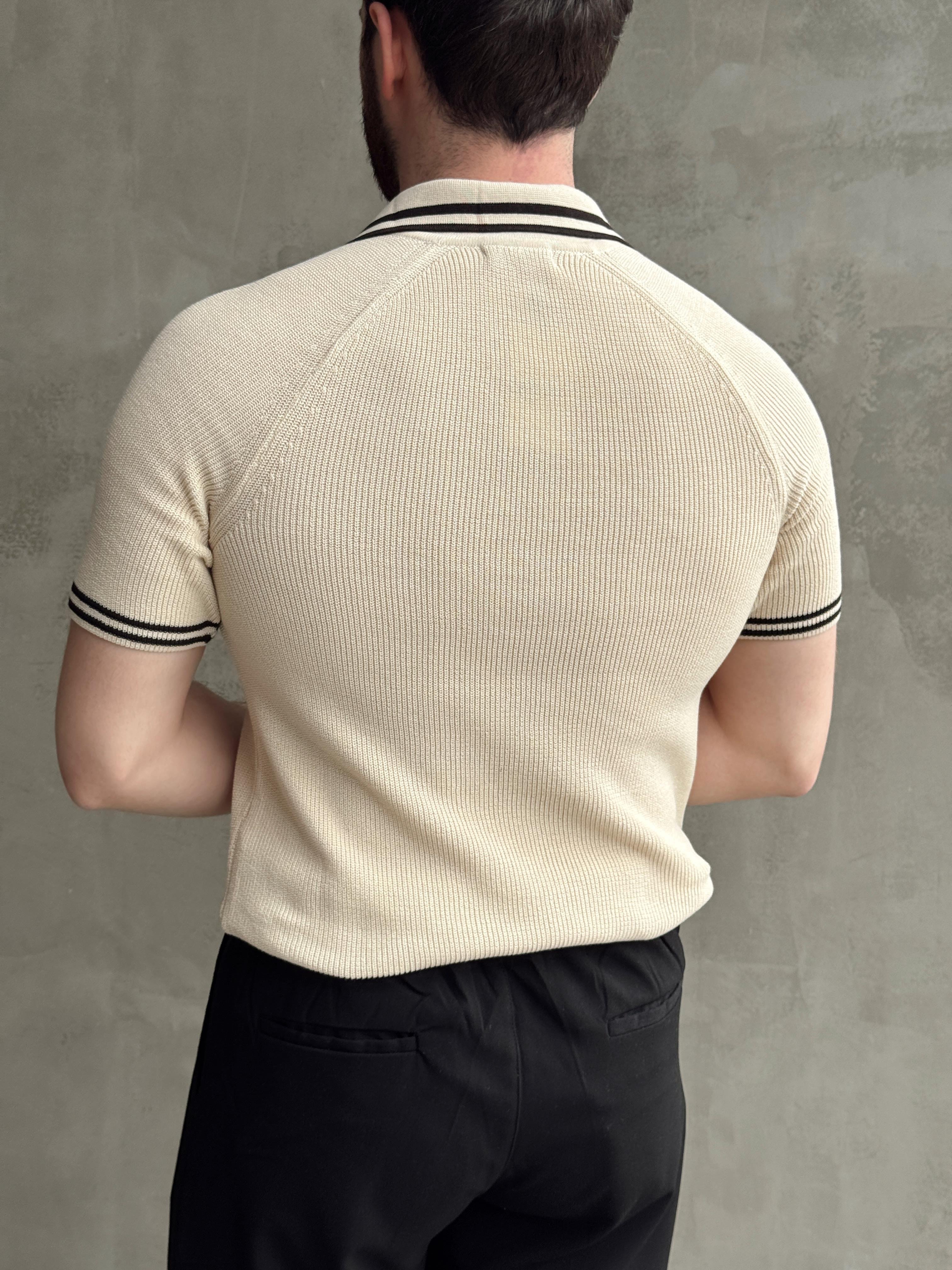 Erkek Premium Yüksek Kalite Regular Kalıp Fermuar Detaylı Nakışlı Triko T-Shirt-Bej(E1669)Ketench