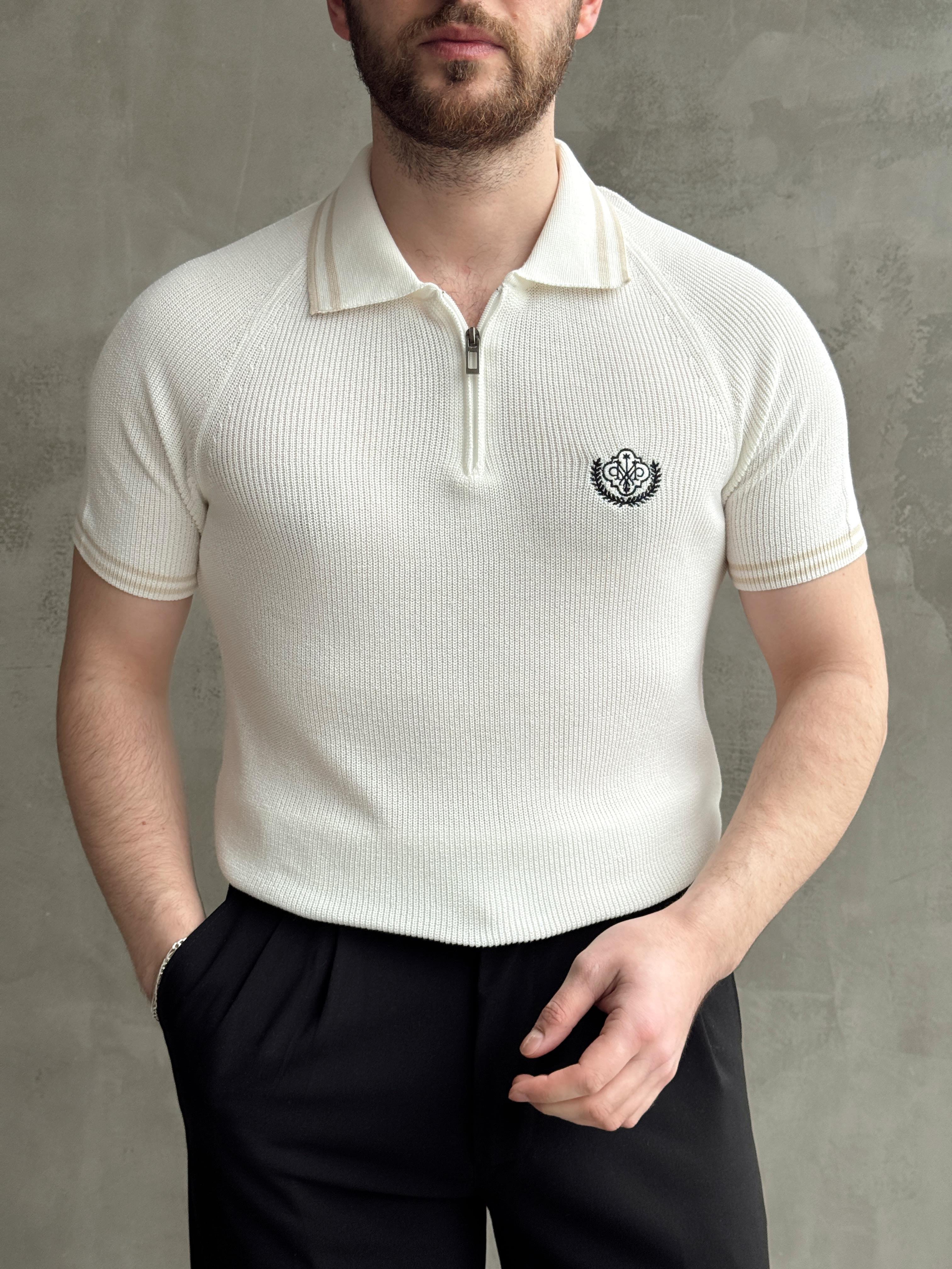 Erkek Premium Yüksek Kalite Regular Kalıp Fermuar Detaylı Nakışlı Triko T-Shirt-Beyaz(E1669)Ketench