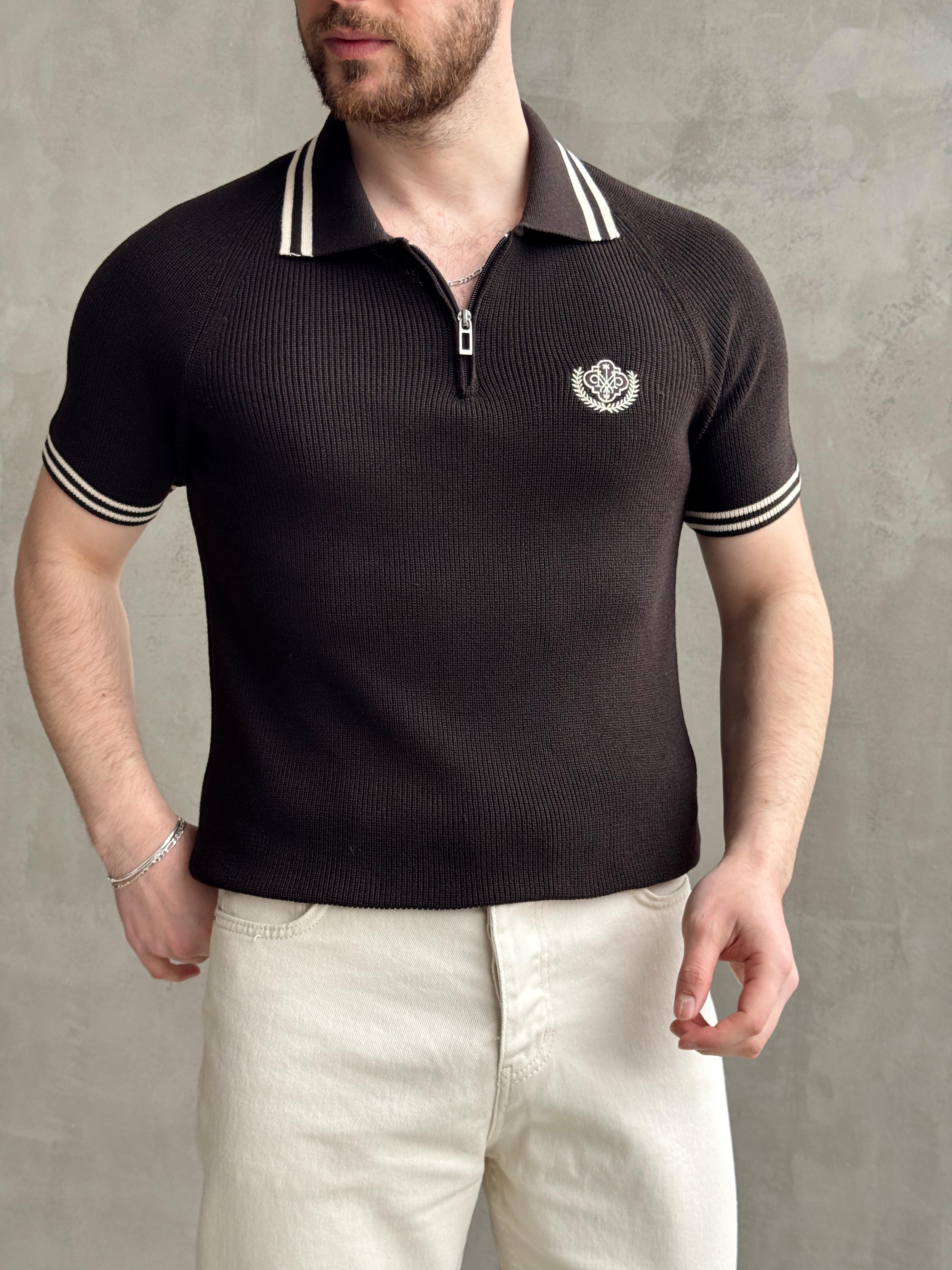 Erkek Premium Yüksek Kalite Regular Kalıp Fermuar Detaylı Nakışlı Triko T-Shirt-Kahverengi(E1669)Ketench