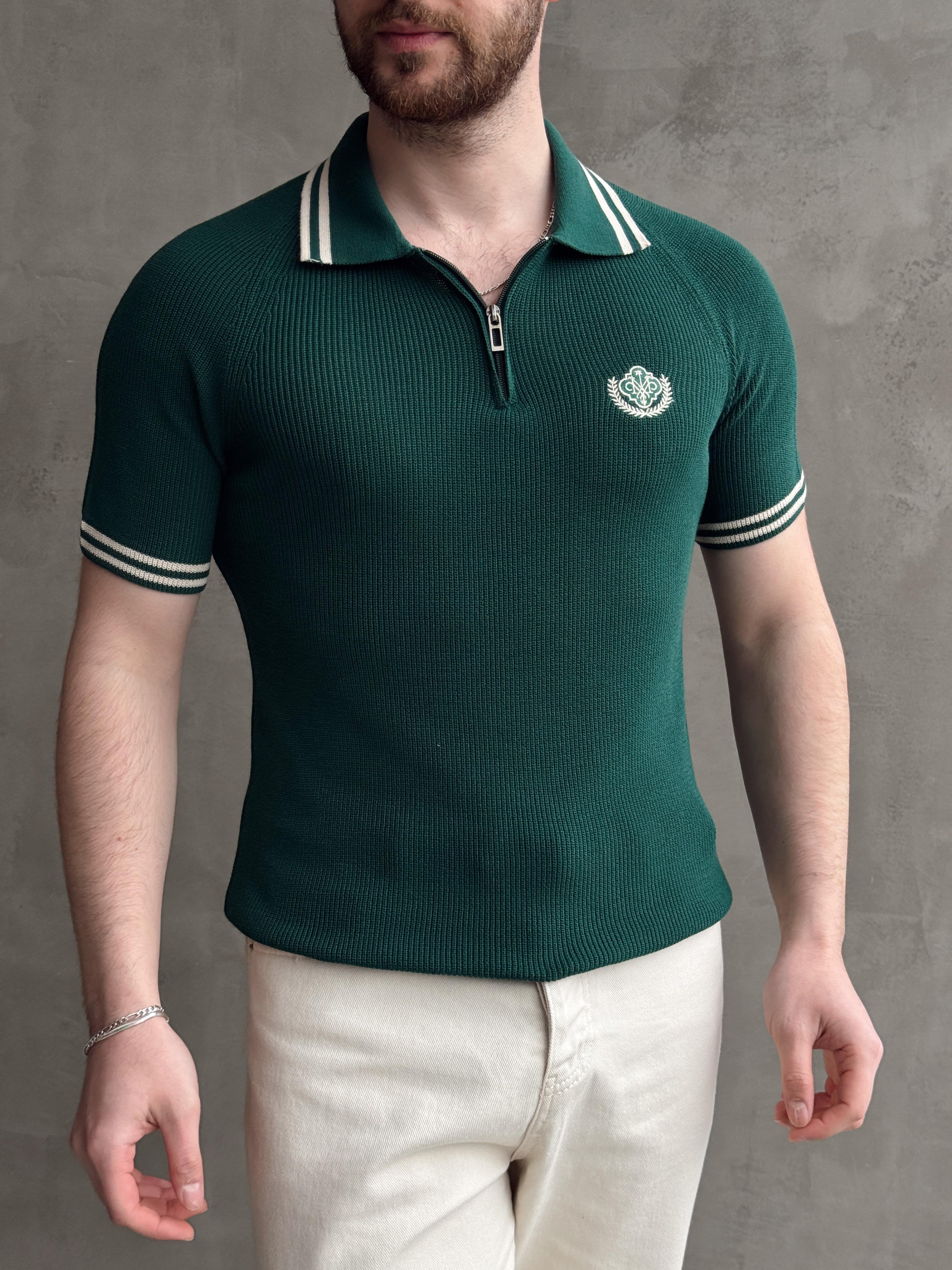 Erkek Premium Yüksek Kalite Regular Kalıp Fermuar Detaylı Nakışlı Triko T-Shirt-Petrol(E1669)Ketench