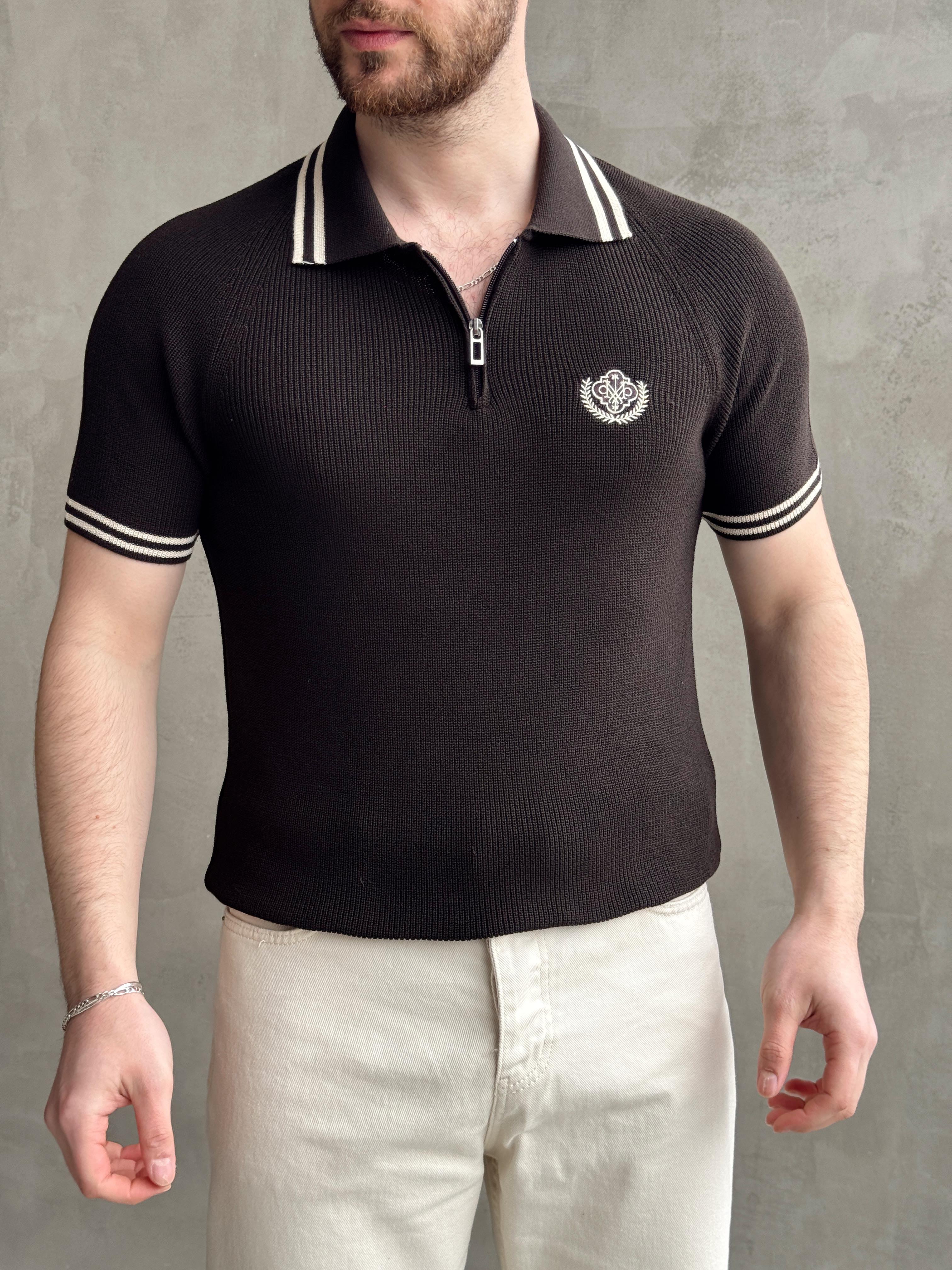Erkek Premium Yüksek Kalite Regular Kalıp Fermuar Detaylı Nakışlı Triko T-Shirt-Kahverengi(E1669)Ketench