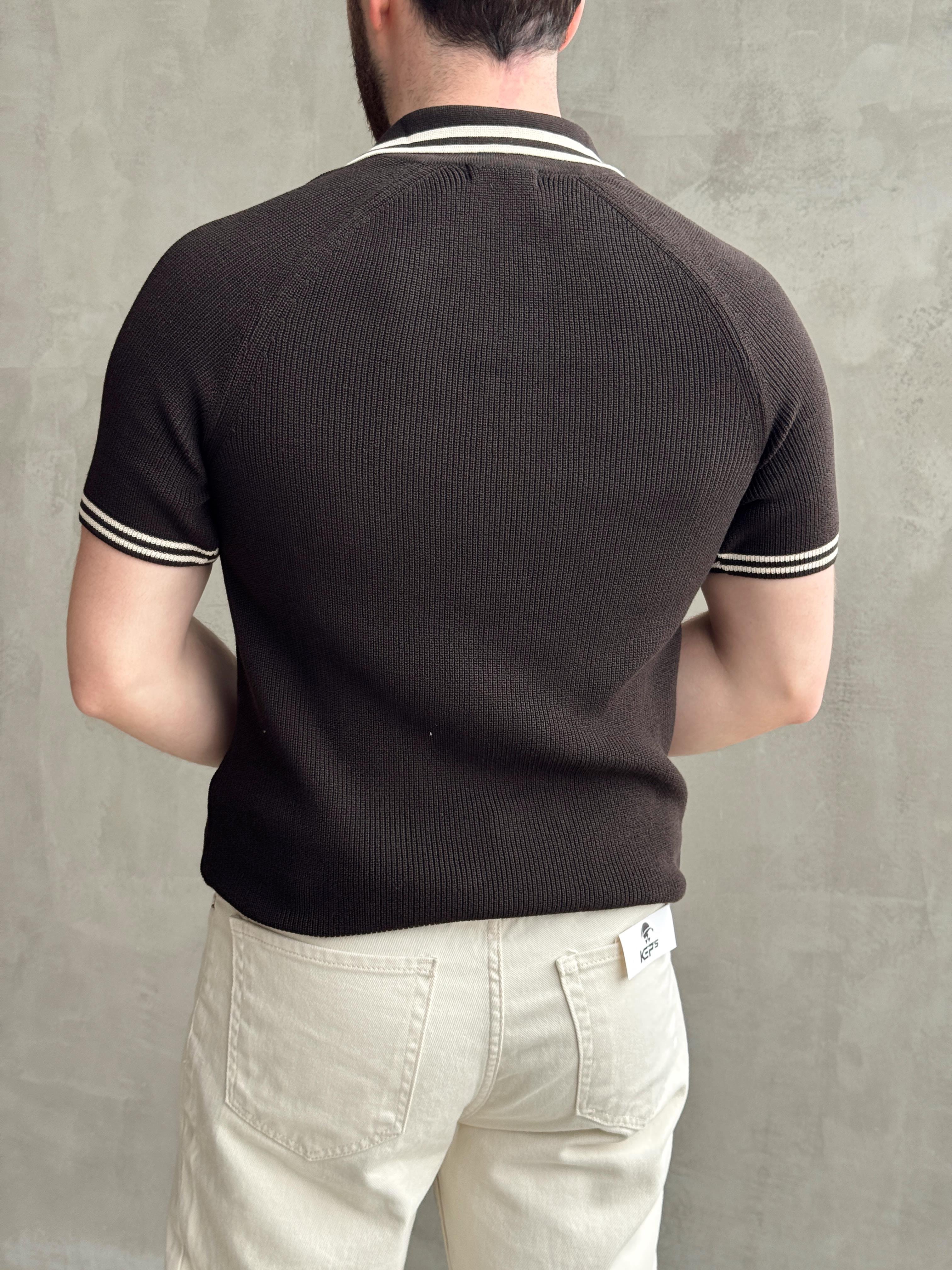 Erkek Premium Yüksek Kalite Regular Kalıp Fermuar Detaylı Nakışlı Triko T-Shirt-Kahverengi(E1669)Ketench
