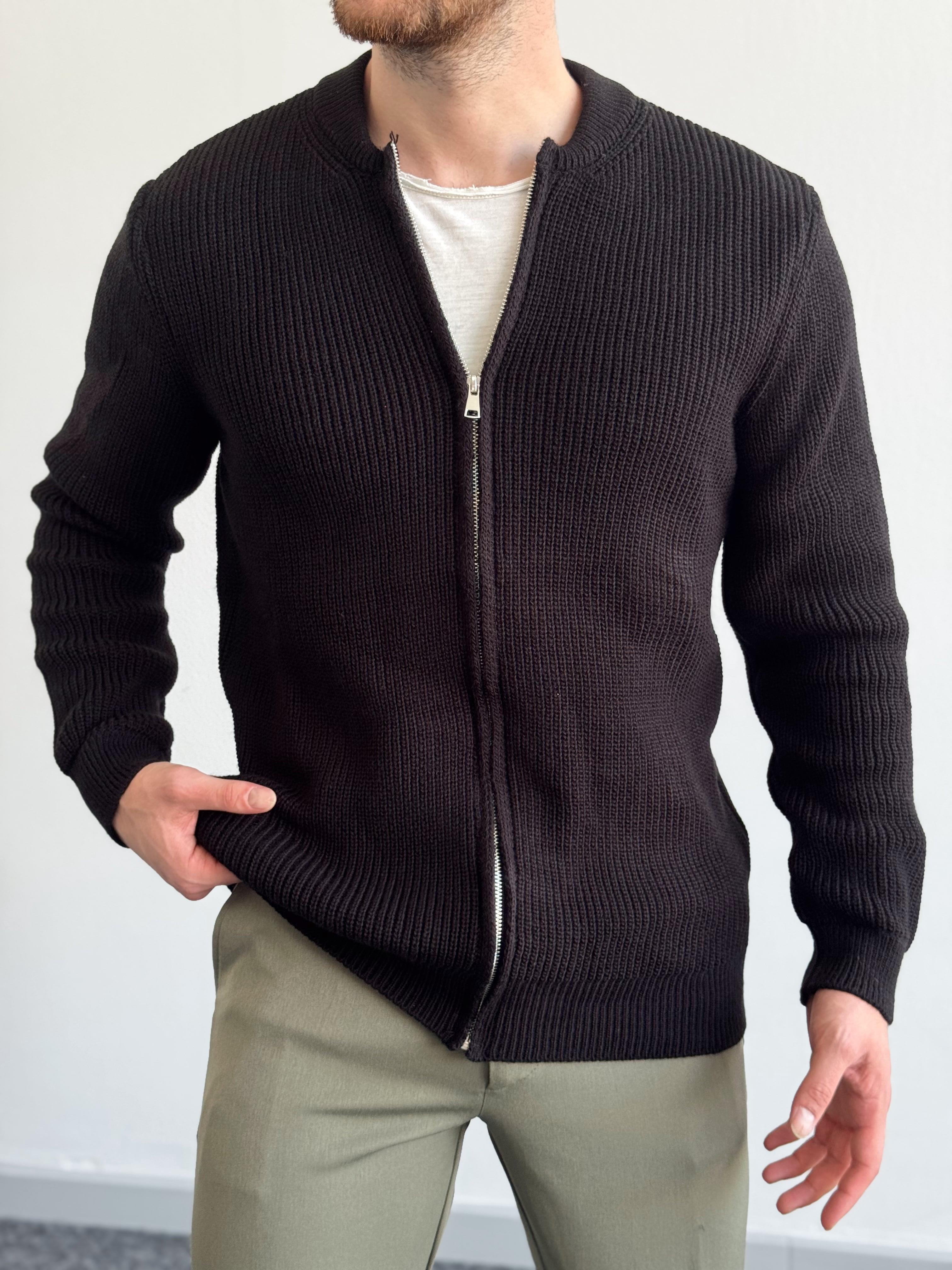 Erkek Regular Fit Fermuarlı Örme Triko Hırka-Siyah(E1146)Ketench
