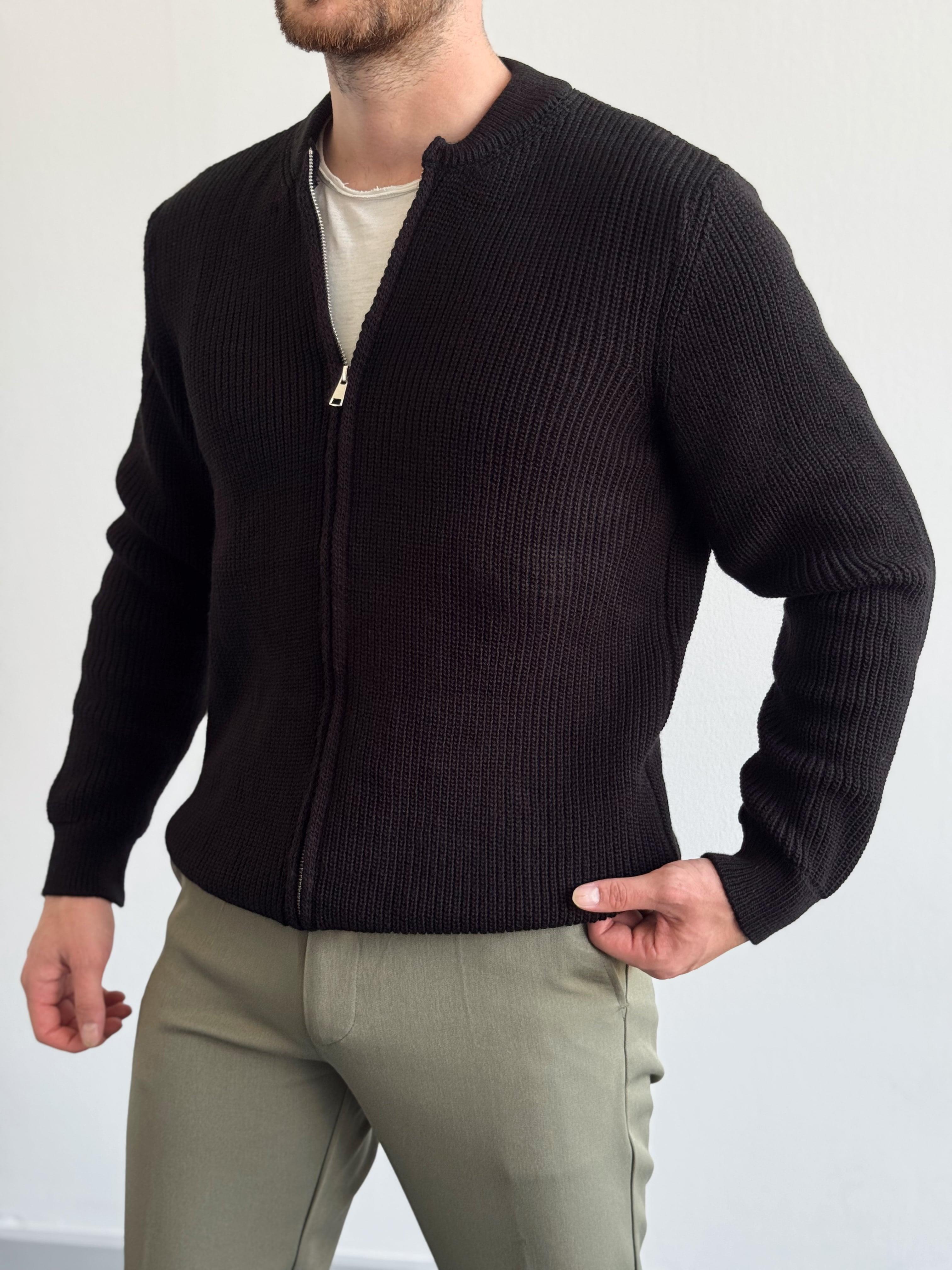 Erkek Regular Fit Fermuarlı Örme Triko Hırka-Siyah(E1146)Ketench