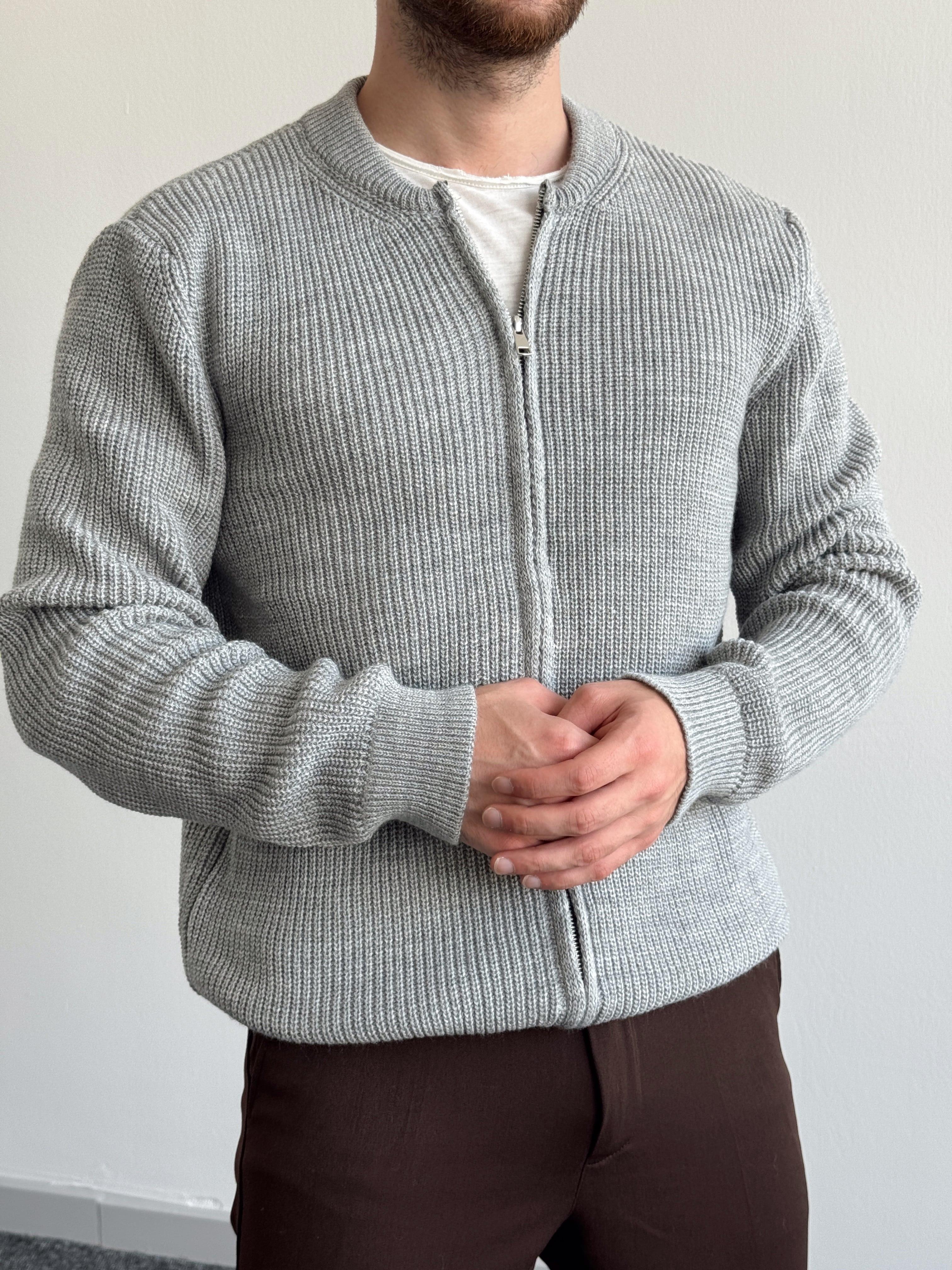 Erkek Regular Fit Fermuarlı Örme Triko Hırka-Gri(E1146)Ketench