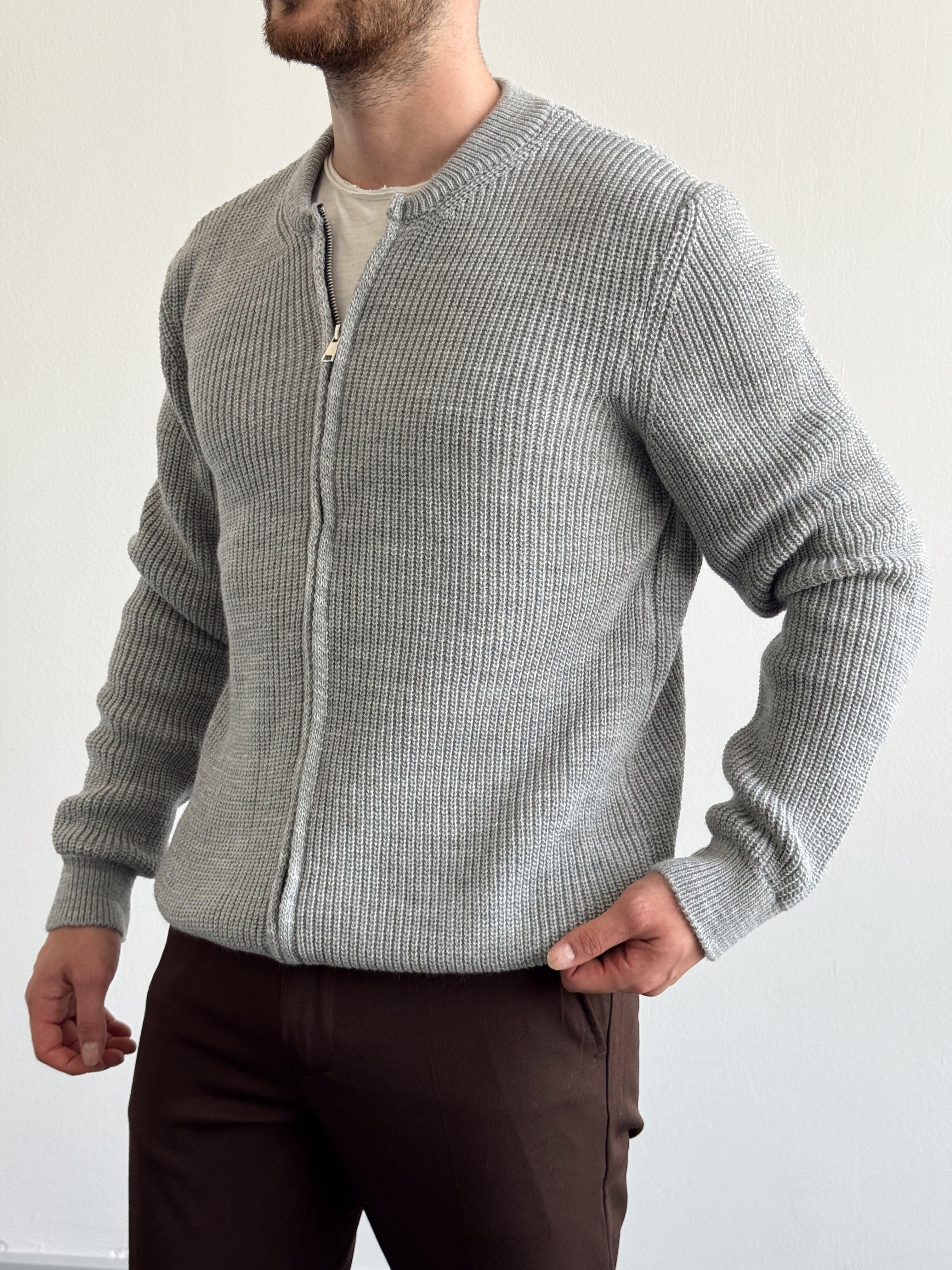 Erkek Regular Fit Fermuarlı Örme Triko Hırka-Gri(E1146)Ketench